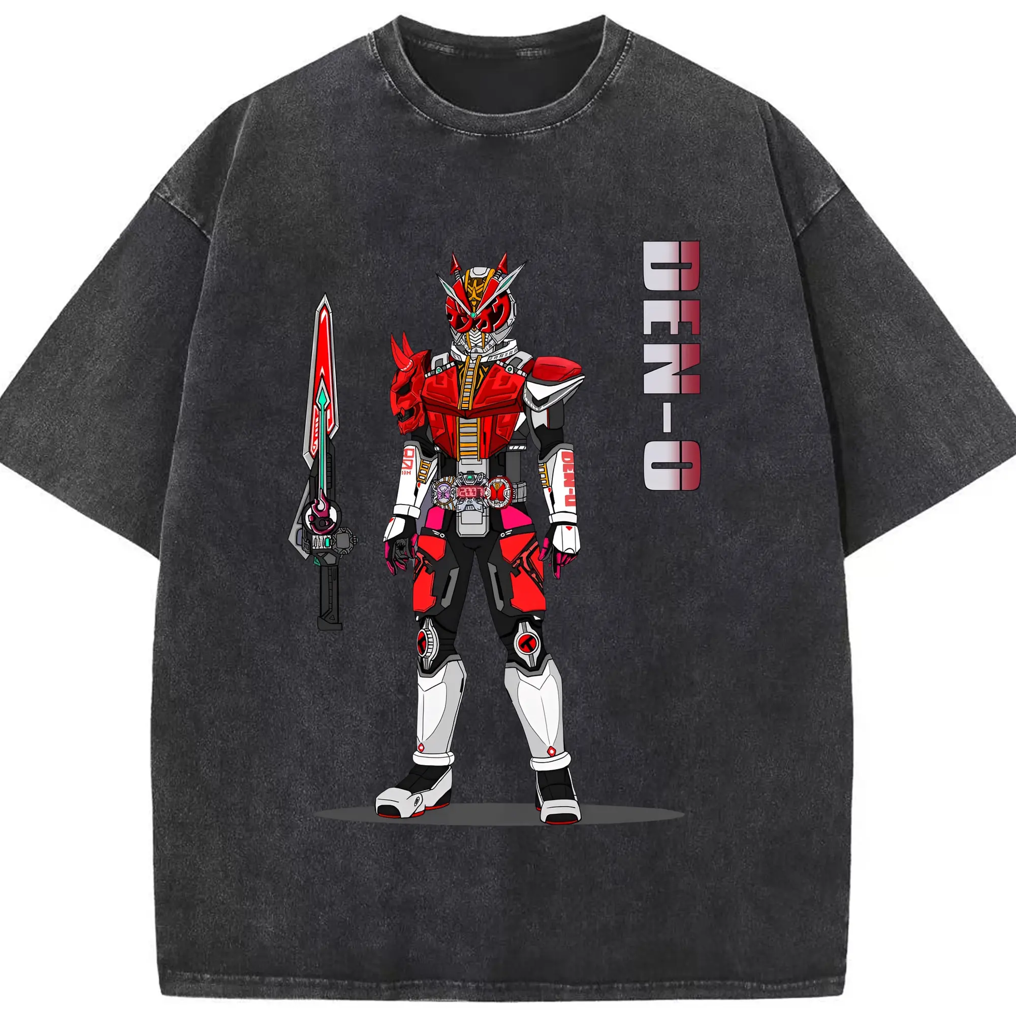 仮面ライダーDen-O - 綿100％ ヴィンテージ風 半袖Tシャツ ・ フロントプリント ・ 柔らか肌触り ・ 通気性 快適 ・ スポーツ カジュアル 外出用