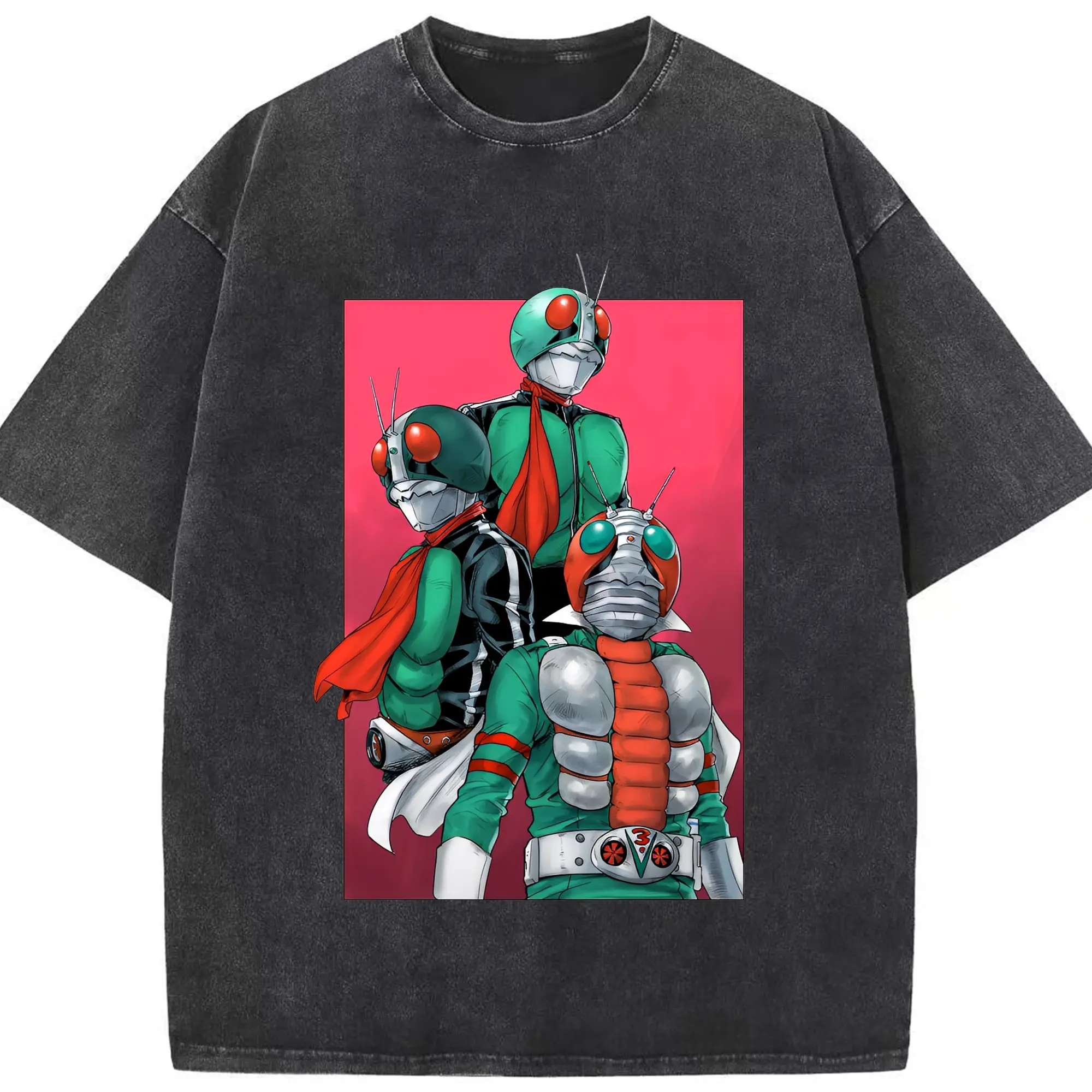 人気特撮 仮面ライダーV3シリーズ グッズ - 綿100％ ヴィンテージ風 半袖Tシャツ ・ フロントプリント ・ 柔らか肌触り ・ 通気性 快適 ・ スポーツ カジュアル 外出用