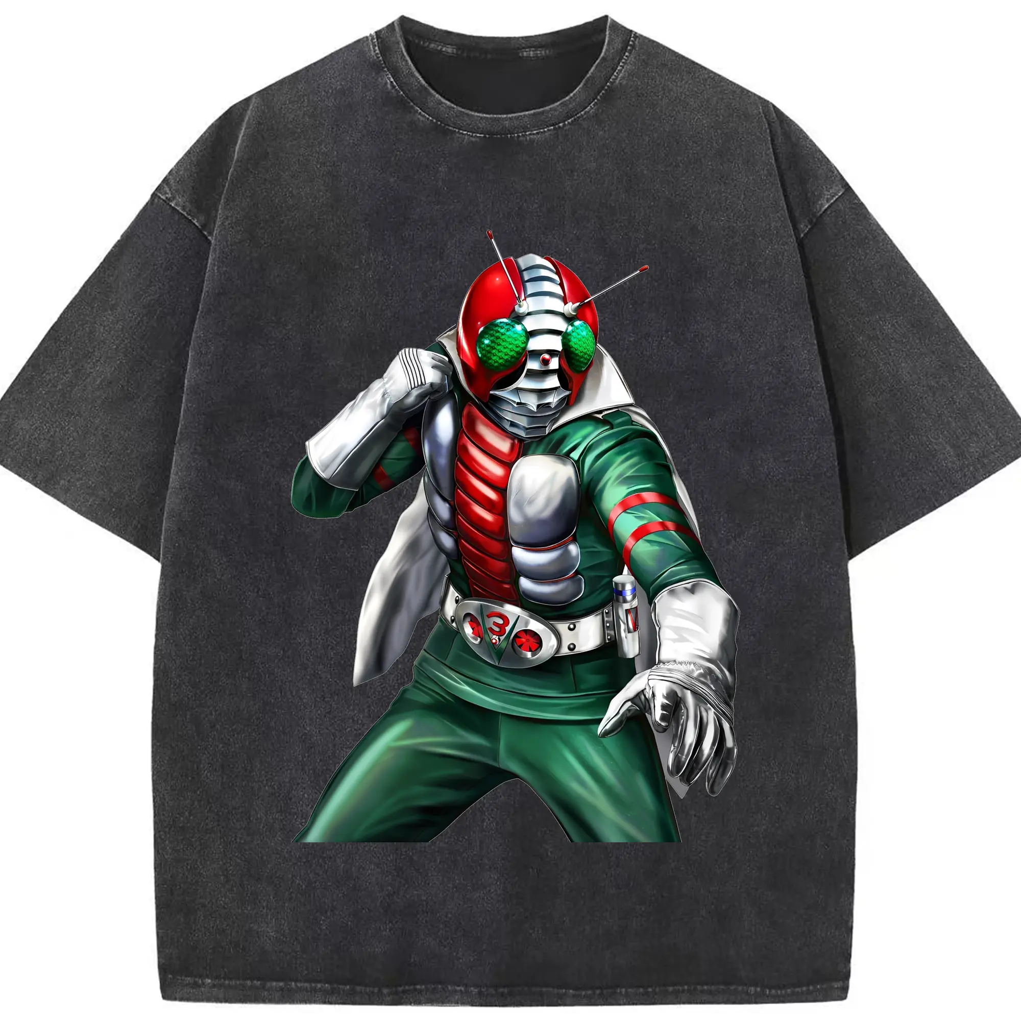 仮面ライダーV3 人気の必殺ポーズ - 綿100％ ヴィンテージ風 半袖Tシャツ ・ フロントプリント ・ 柔らか肌触り ・ 通気性 快適 ・ スポーツ カジュアル 外出用