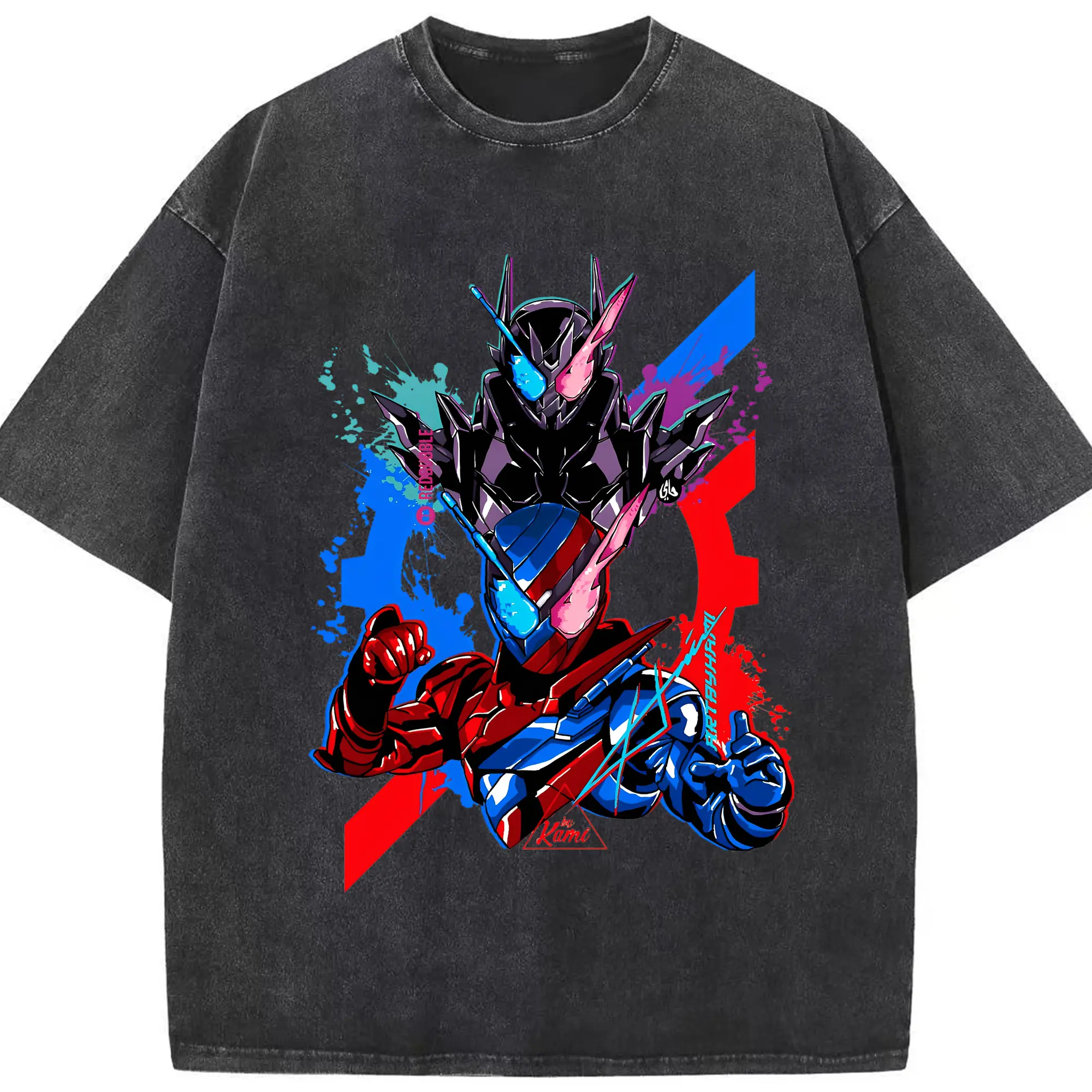 仮面ライダービルド ラビットタンクハザードフォーム - 綿100％ ヴィンテージ風 半袖Tシャツ ・ フロントプリント ・ 柔らか肌触り ・ 通気性 快適 ・ スポーツ カジュアル 外出用
