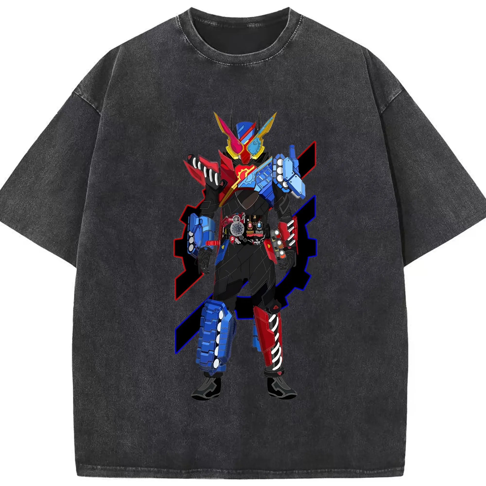 仮面ライダービルド - 綿100％ ヴィンテージ風 半袖Tシャツ ・ フロントプリント ・ 柔らか肌触り ・ 通気性 快適 ・ スポーツ カジュアル 外出用