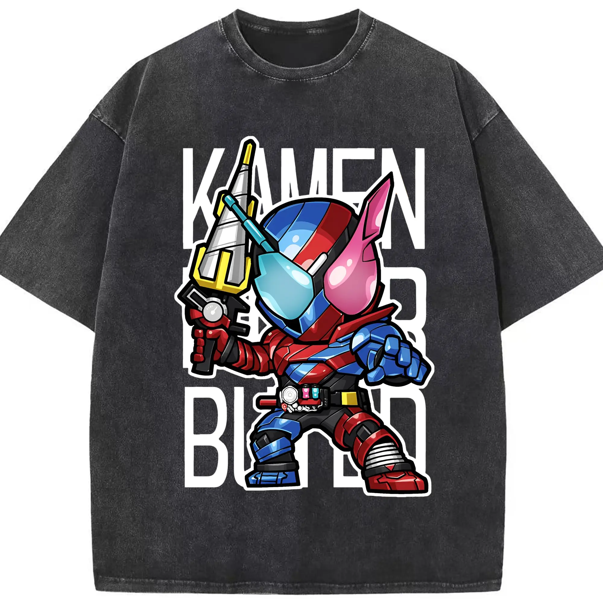 仮面ライダービルドアニメ - 綿100％ ヴィンテージ風 半袖Tシャツ ・ フロントプリント ・ 柔らか肌触り ・ 通気性 快適 ・ スポーツ カジュアル 外出用