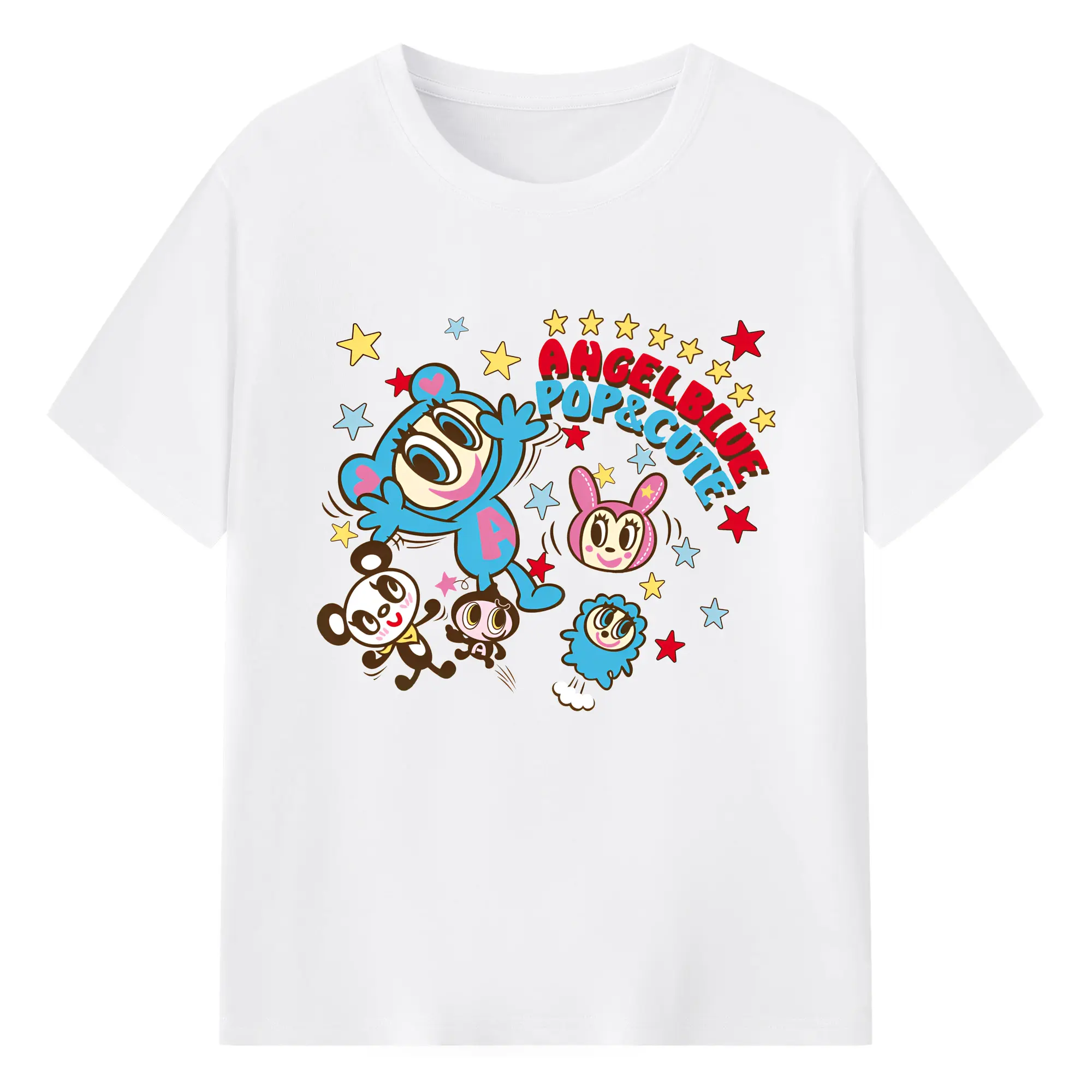 POP&CUTEで元気いっぱいなエンジェルブルーキャラクターT - 綿100％ 半袖Tシャツ ・ フロントプリント ・ 快適 通気性 ・ 日常使い 散歩 スポーツ用