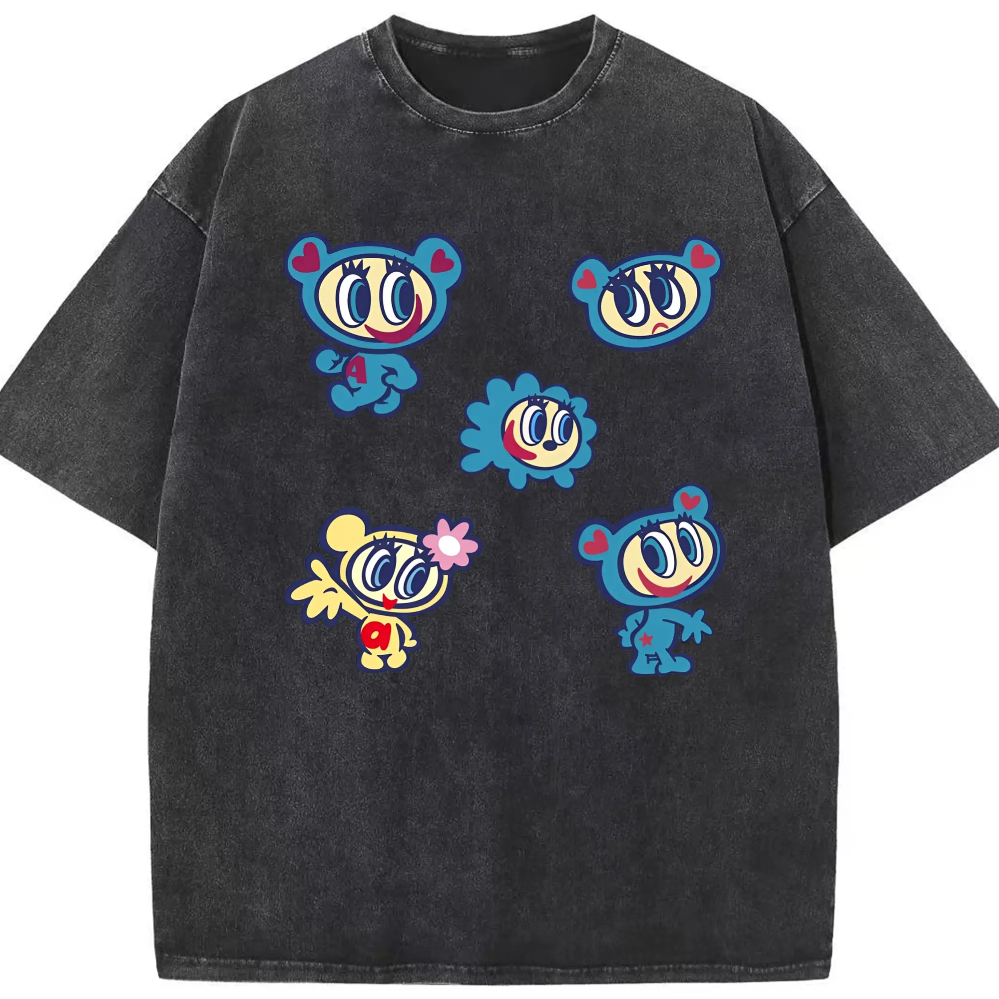 【エンジェルブルー】ナカムラくん&ハナちやん - 綿100％ ヴィンテージ風 半袖Tシャツ ・ フロントプリント ・ 柔らか肌触り ・ 通気性 快適 ・ スポーツ カジュアル 外出用