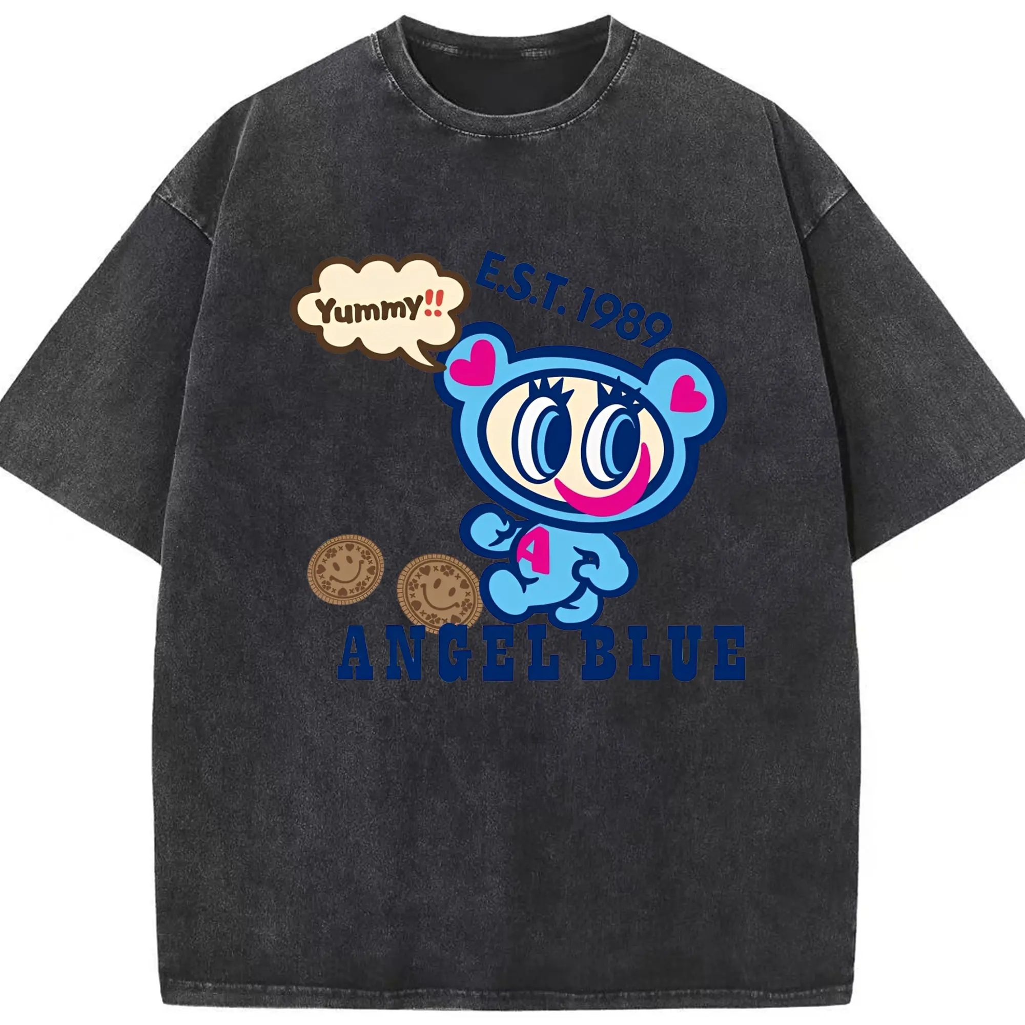 エンジェルブルーナカムラ君グッズ - 綿100％ ヴィンテージ風 半袖Tシャツ ・ フロントプリント ・ 柔らか肌触り ・ 通気性 快適 ・ スポーツ カジュアル 外出用