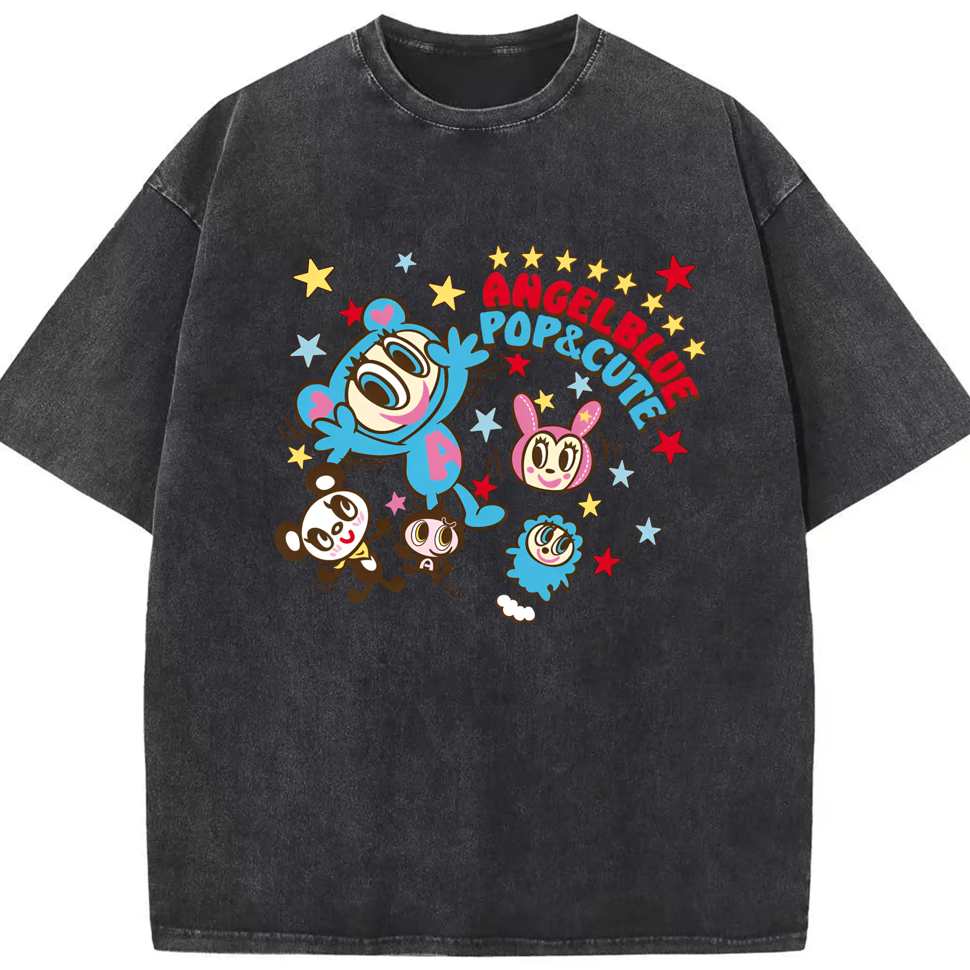 POP&CUTEで元気いっぱいなエンジェルブルーキャラクターT - 綿100％ ヴィンテージ風 半袖Tシャツ ・ フロントプリント ・ 柔らか肌触り ・ 通気性 快適 ・ スポーツ カジュアル 外出用