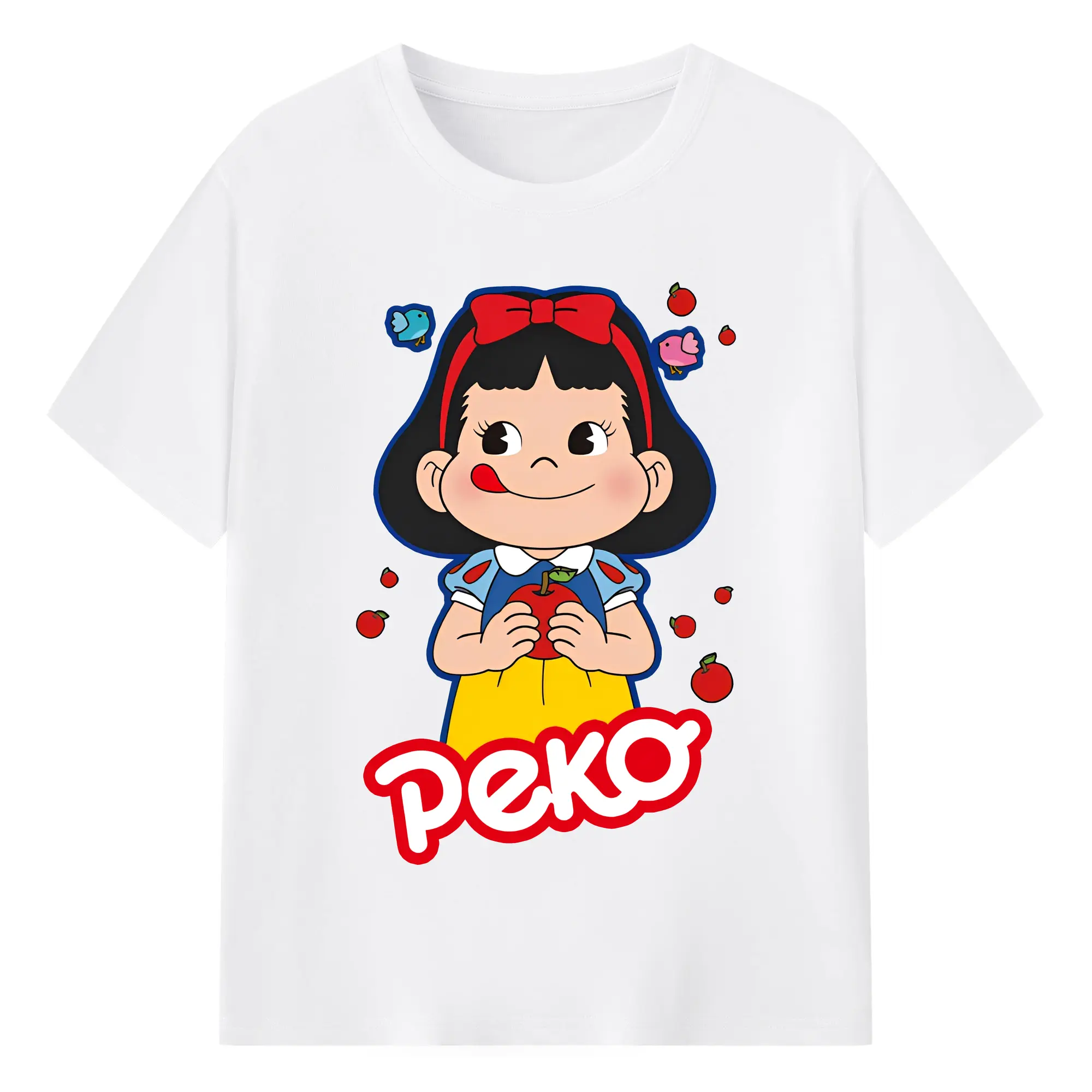 不二家ペコちゃん×白雪姫 スペシャルコラボグッズ - 綿100％ 半袖Tシャツ ・ フロントプリント ・ 快適 通気性 ・ 日常使い 散歩 スポーツ用