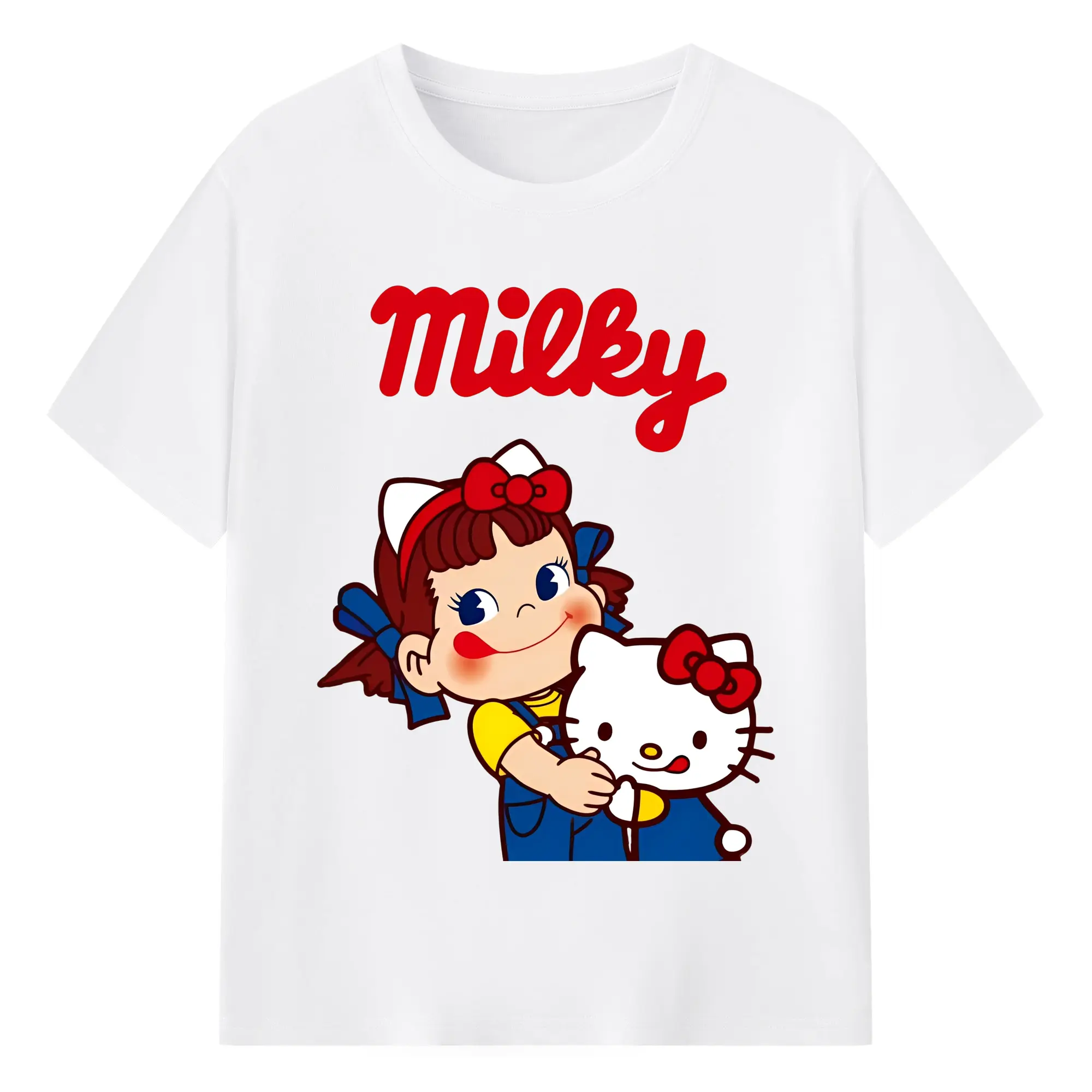 夢のコラボ！ペコちゃんとハローキティ - 綿100％ 半袖Tシャツ ・ フロントプリント ・ 快適 通気性 ・ 日常使い 散歩 スポーツ用