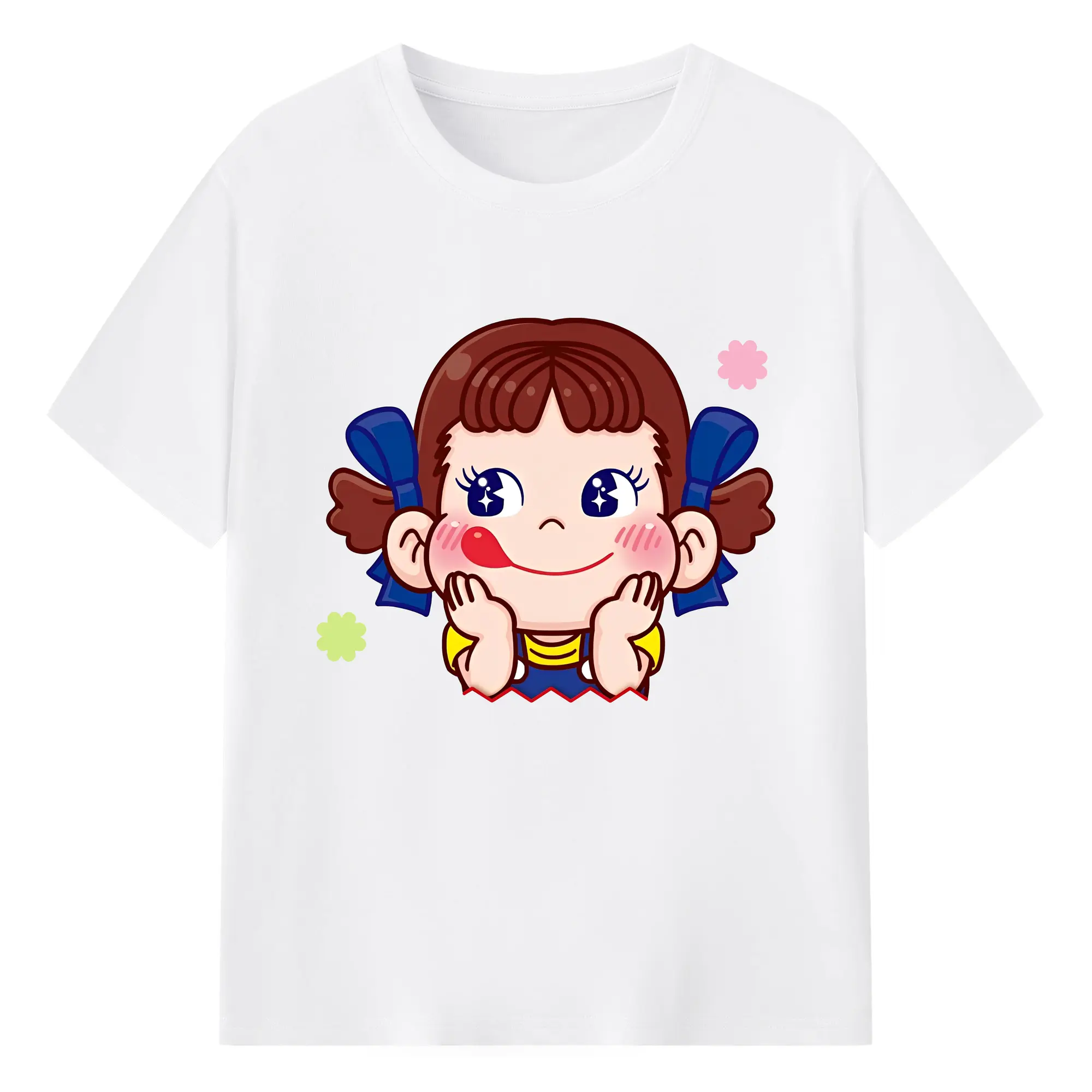 不二家ペコちゃん ドリーミングフェイス - 綿100％ 半袖Tシャツ ・ フロントプリント ・ 快適 通気性 ・ 日常使い 散歩 スポーツ用