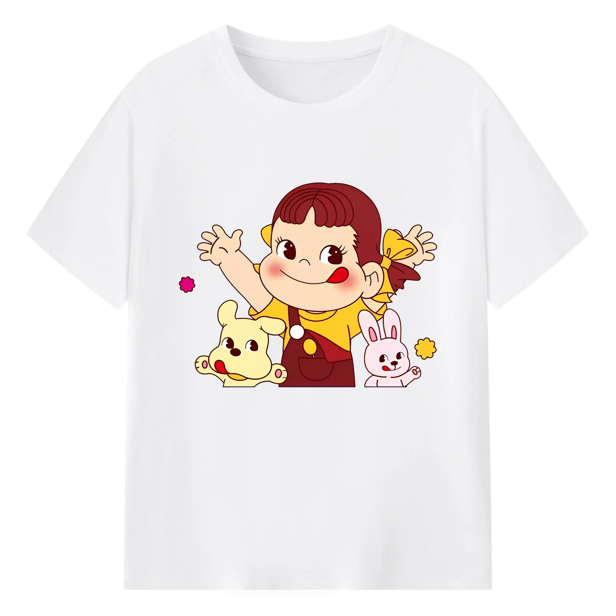 ペコちゃんの仲良しの犬のキャラクター - 綿100％ 半袖Tシャツ ・ フロントプリント ・ 快適 通気性 ・ 日常使い 散歩 スポーツ用