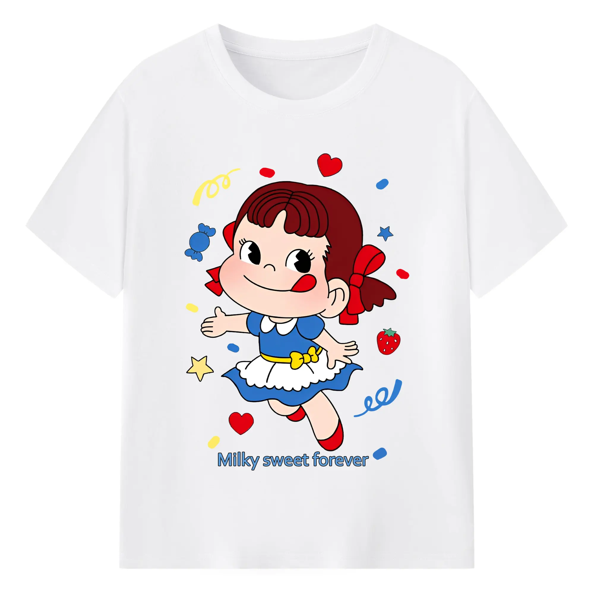 不二家 ペコちゃん スイーツ ミルク味 お菓子 - 綿100％ 半袖Tシャツ ・ フロントプリント ・ 快適 通気性 ・ 日常使い 散歩 スポーツ用
