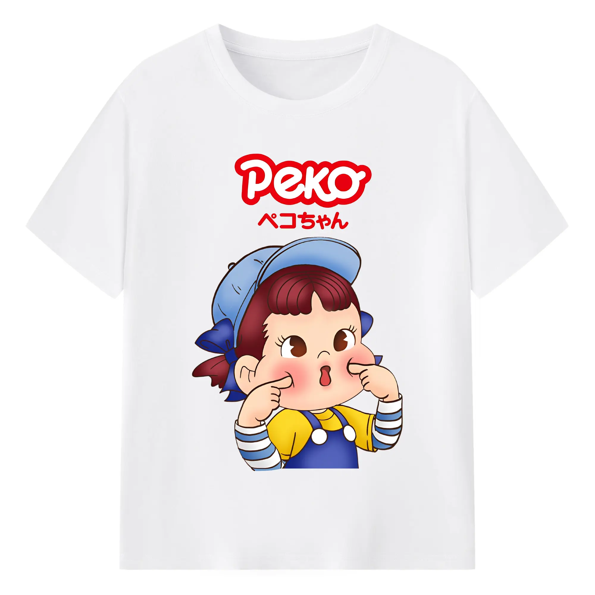 不二家ペコちゃん 変顔デザイン - 綿100％ 半袖Tシャツ ・ フロントプリント ・ 快適 通気性 ・ 日常使い 散歩 スポーツ用