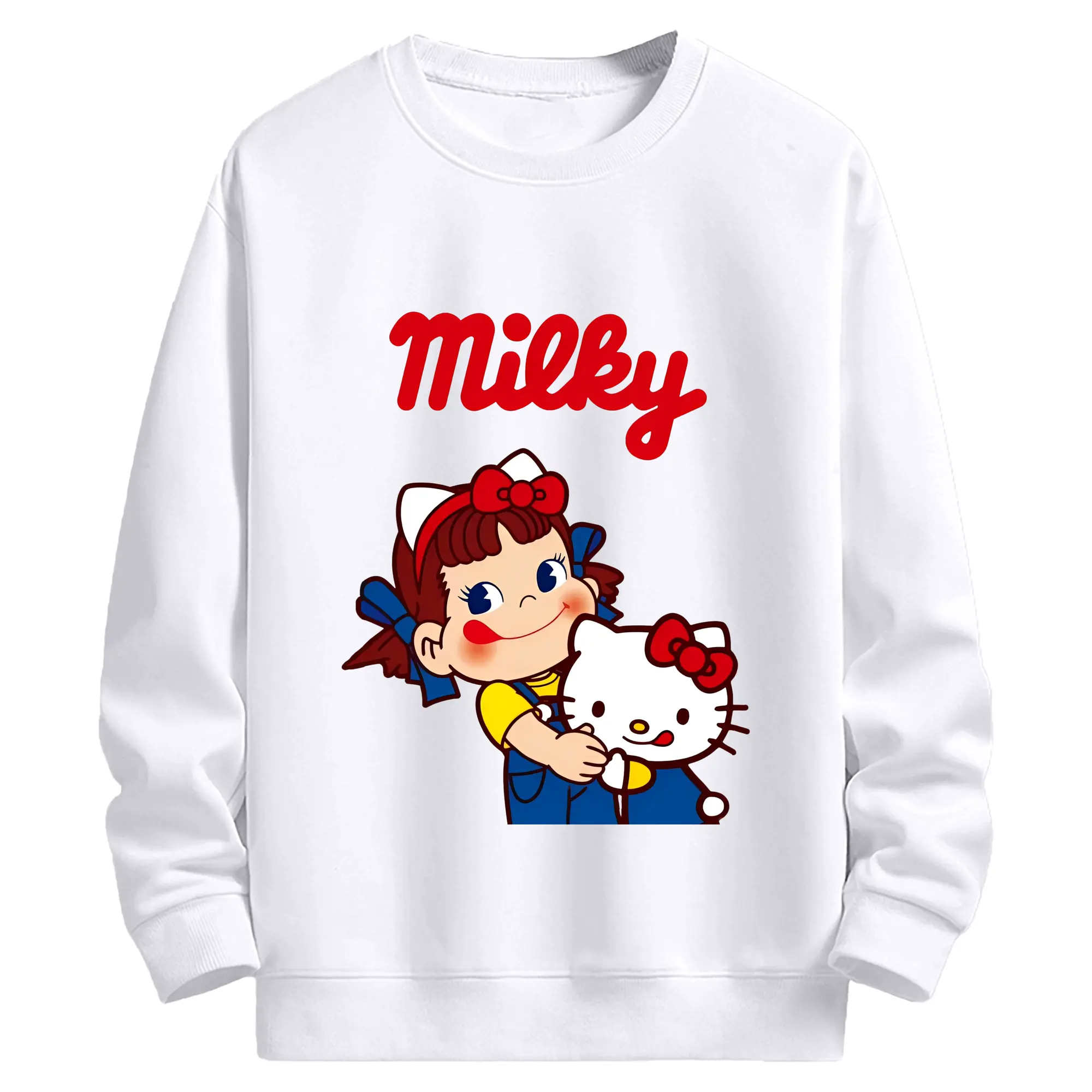 夢のコラボ！ペコちゃんとハローキティ - 高品質 クルーネック スウェット ・ コットン59％ ポリエステル41％ ・ ユニセックス 長袖 トレーナー ・ カジュアル デイリー スポーツ 散歩用