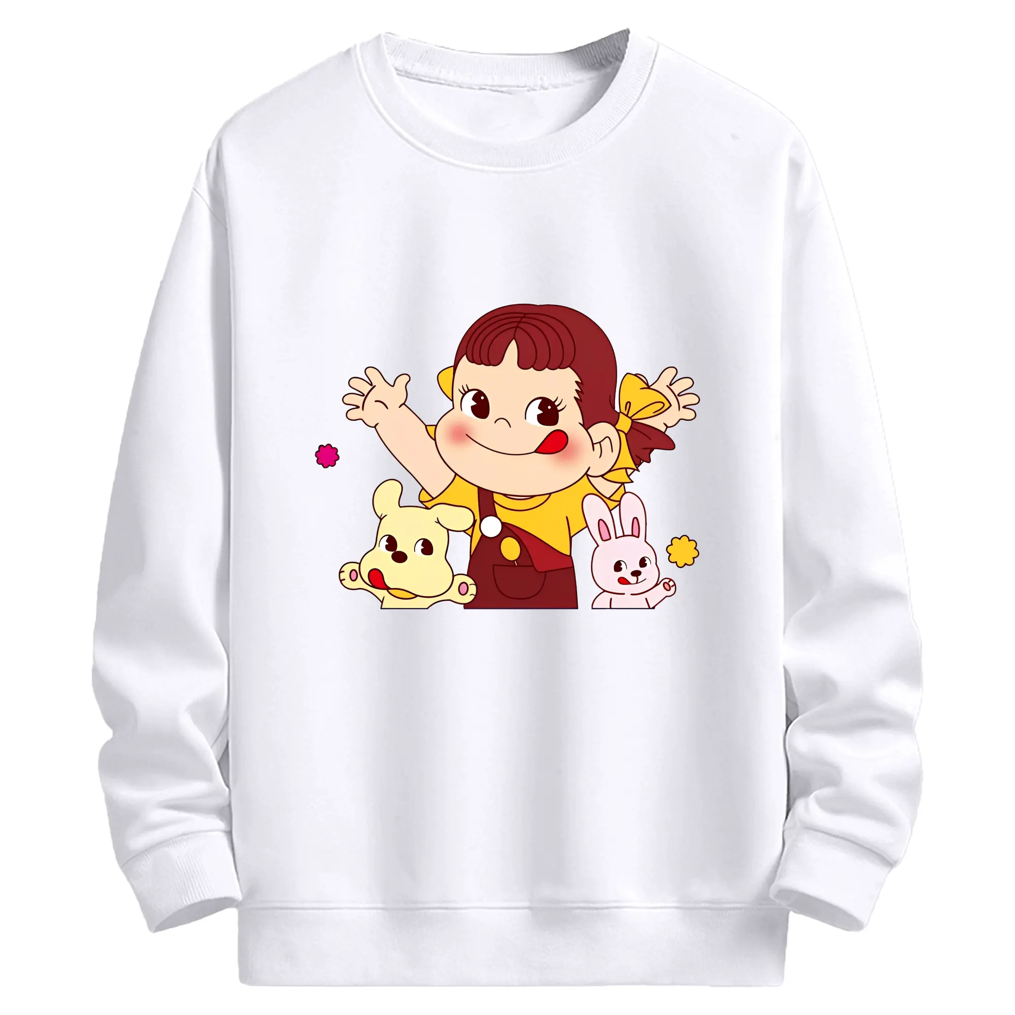 ペコちゃんの仲良しの犬のキャラクター - 高品質 クルーネック スウェット ・ コットン59％ ポリエステル41％ ・ ユニセックス 長袖 トレーナー ・ カジュアル デイリー スポーツ 散歩用