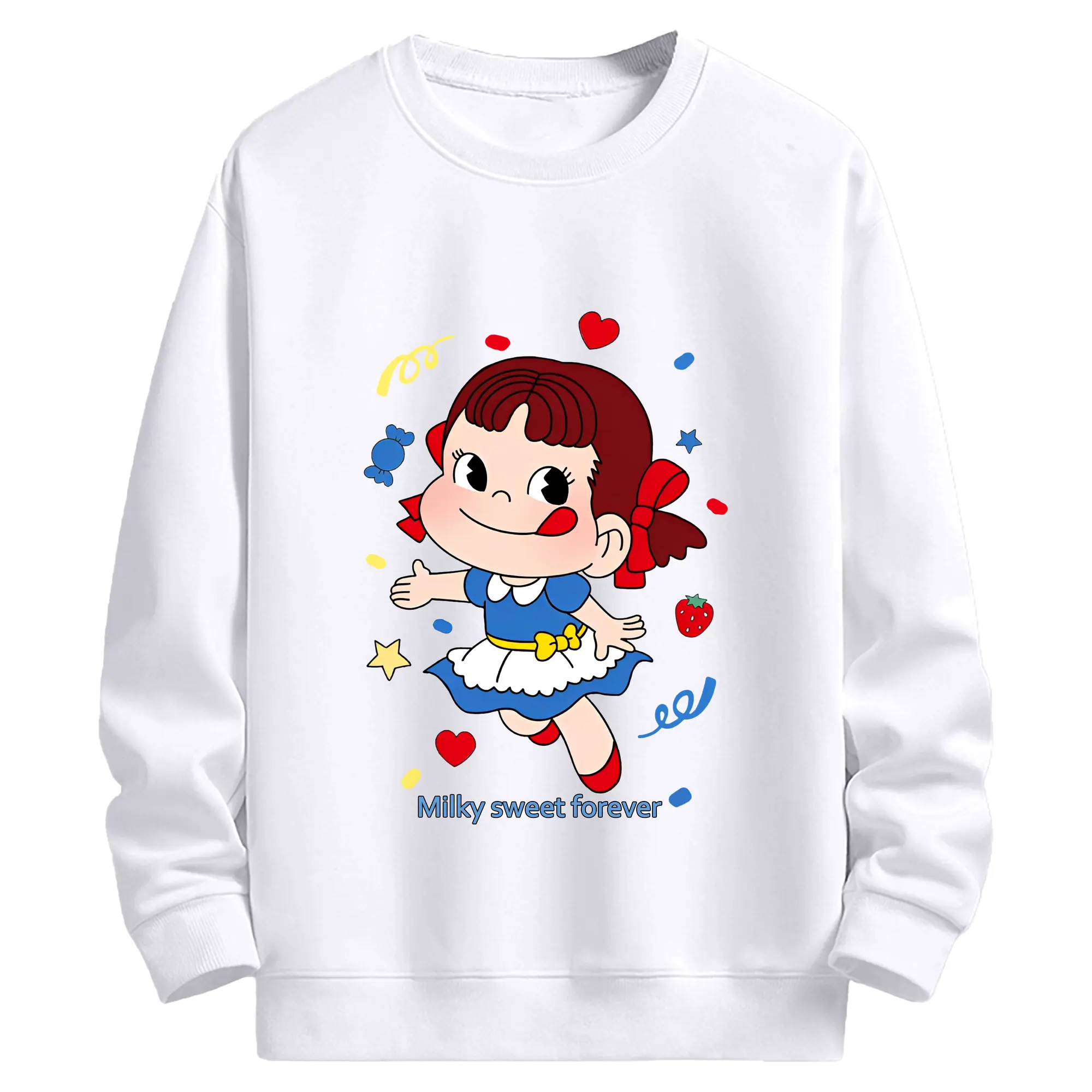 不二家 ペコちゃん スイーツ ミルク味 お菓子 - 高品質 クルーネック スウェット ・ コットン59％ ポリエステル41％ ・ ユニセックス 長袖 トレーナー ・ カジュアル デイリー スポーツ 散歩用