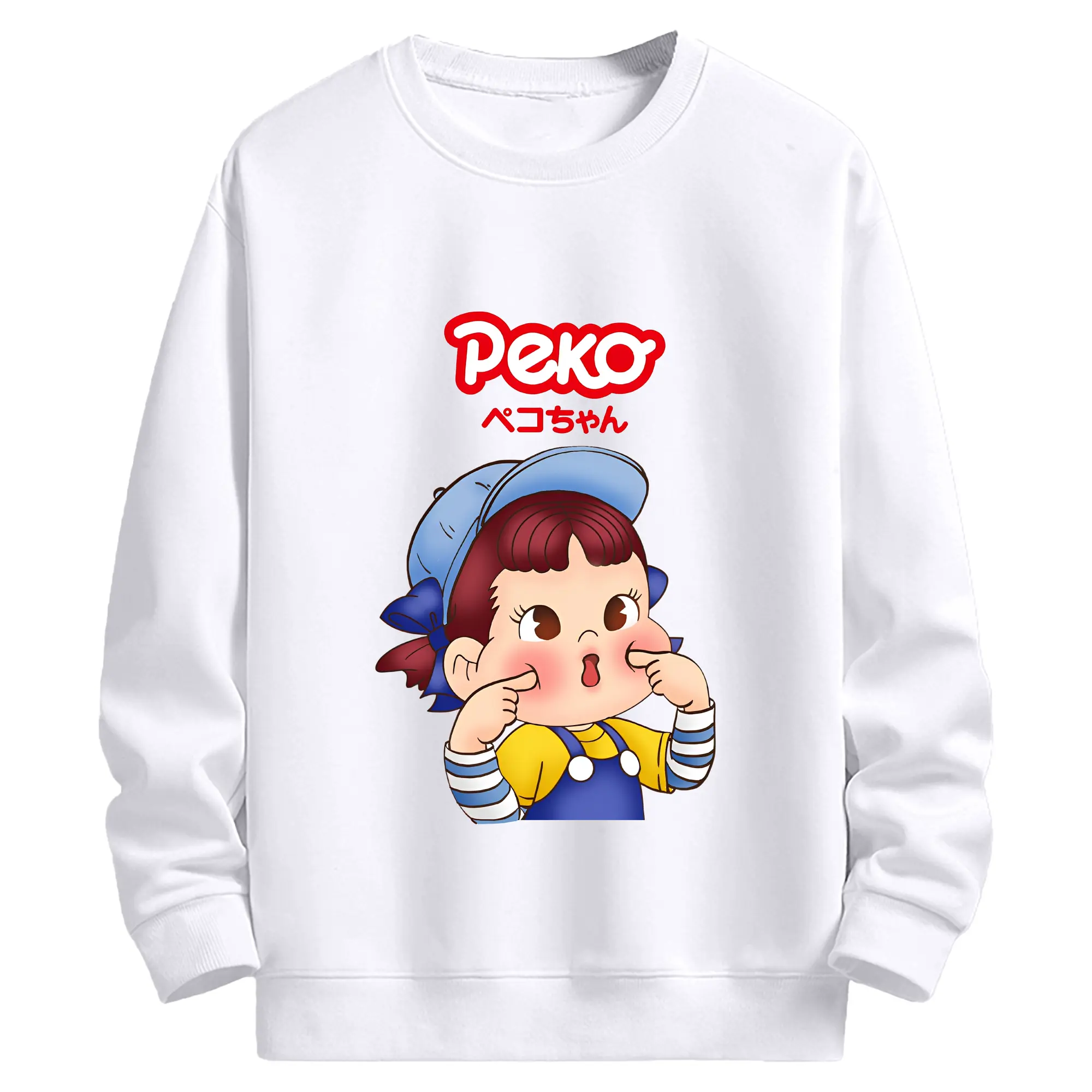 不二家ペコちゃん 変顔デザイン - 高品質 クルーネック スウェット ・ コットン59％ ポリエステル41％ ・ ユニセックス 長袖 トレーナー ・ カジュアル デイリー スポーツ 散歩用
