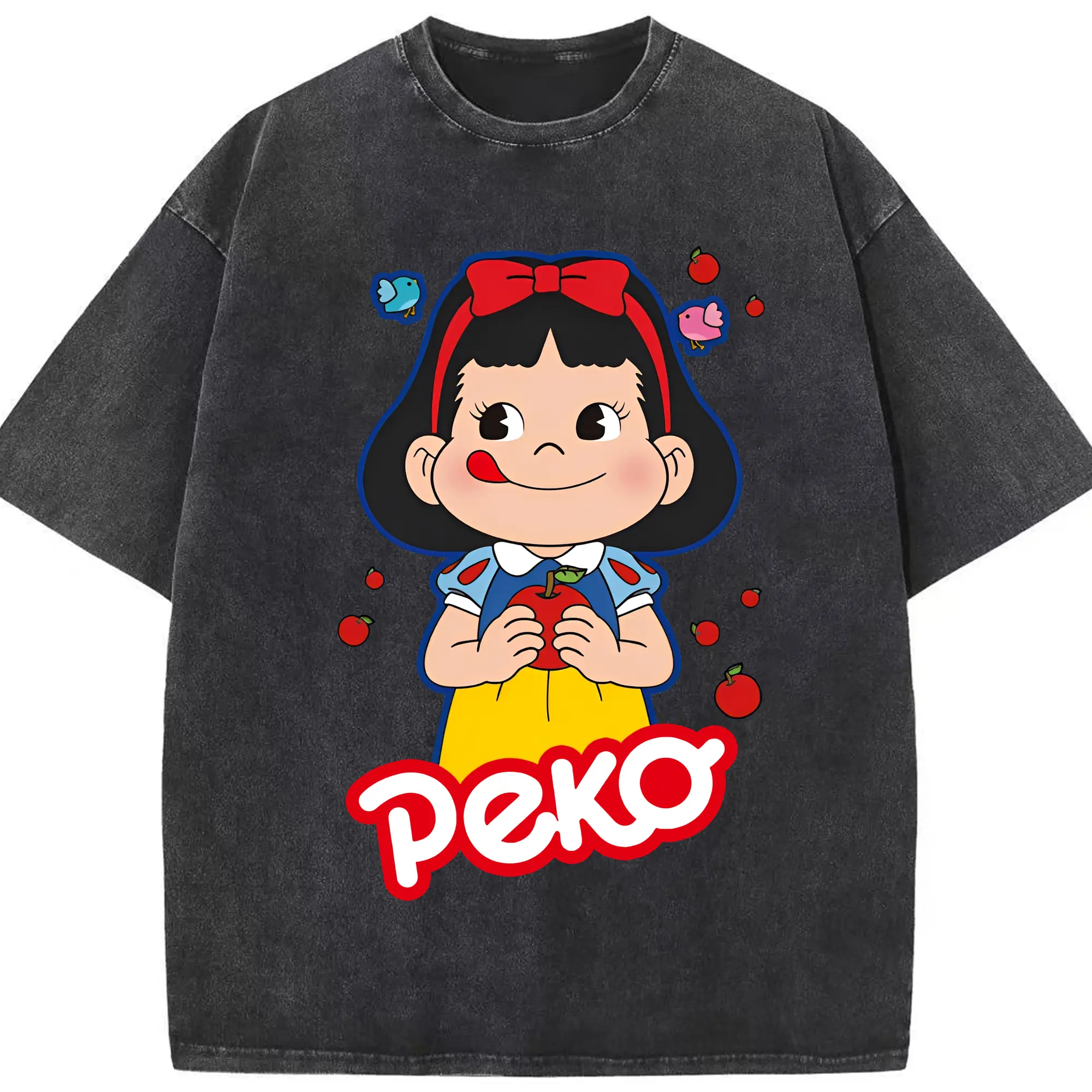 不二家ペコちゃん×白雪姫 スペシャルコラボグッズ - 綿100％ ヴィンテージ風 半袖Tシャツ ・ フロントプリント ・ 柔らか肌触り ・ 通気性 快適 ・ スポーツ カジュアル 外出用