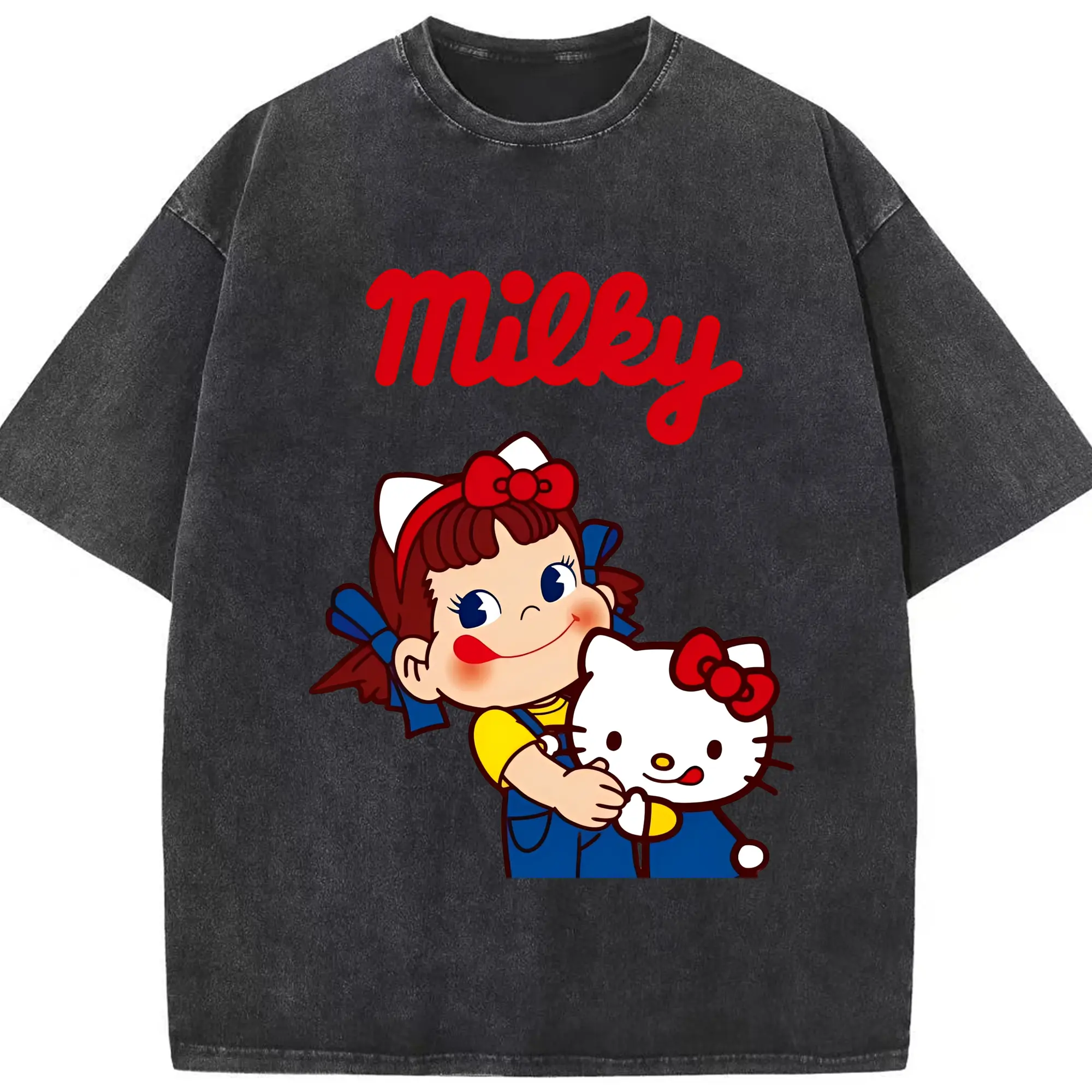 夢のコラボ！ペコちゃんとハローキティ - 綿100％ ヴィンテージ風 半袖Tシャツ ・ フロントプリント ・ 柔らか肌触り ・ 通気性 快適 ・ スポーツ カジュアル 外出用