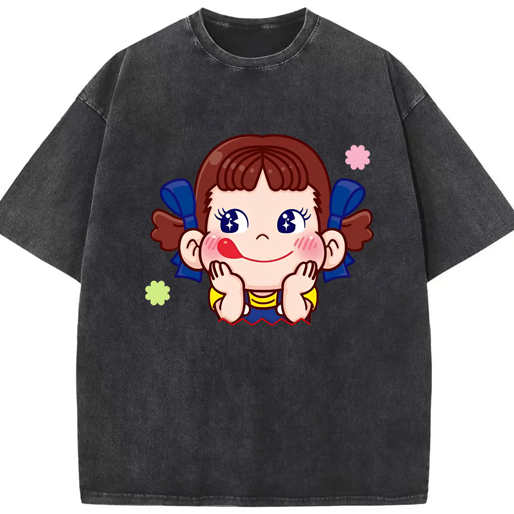 不二家ペコちゃん ドリーミングフェイス - 綿100％ ヴィンテージ風 半袖Tシャツ ・ フロントプリント ・ 柔らか肌触り ・ 通気性 快適 ・ スポーツ カジュアル 外出用