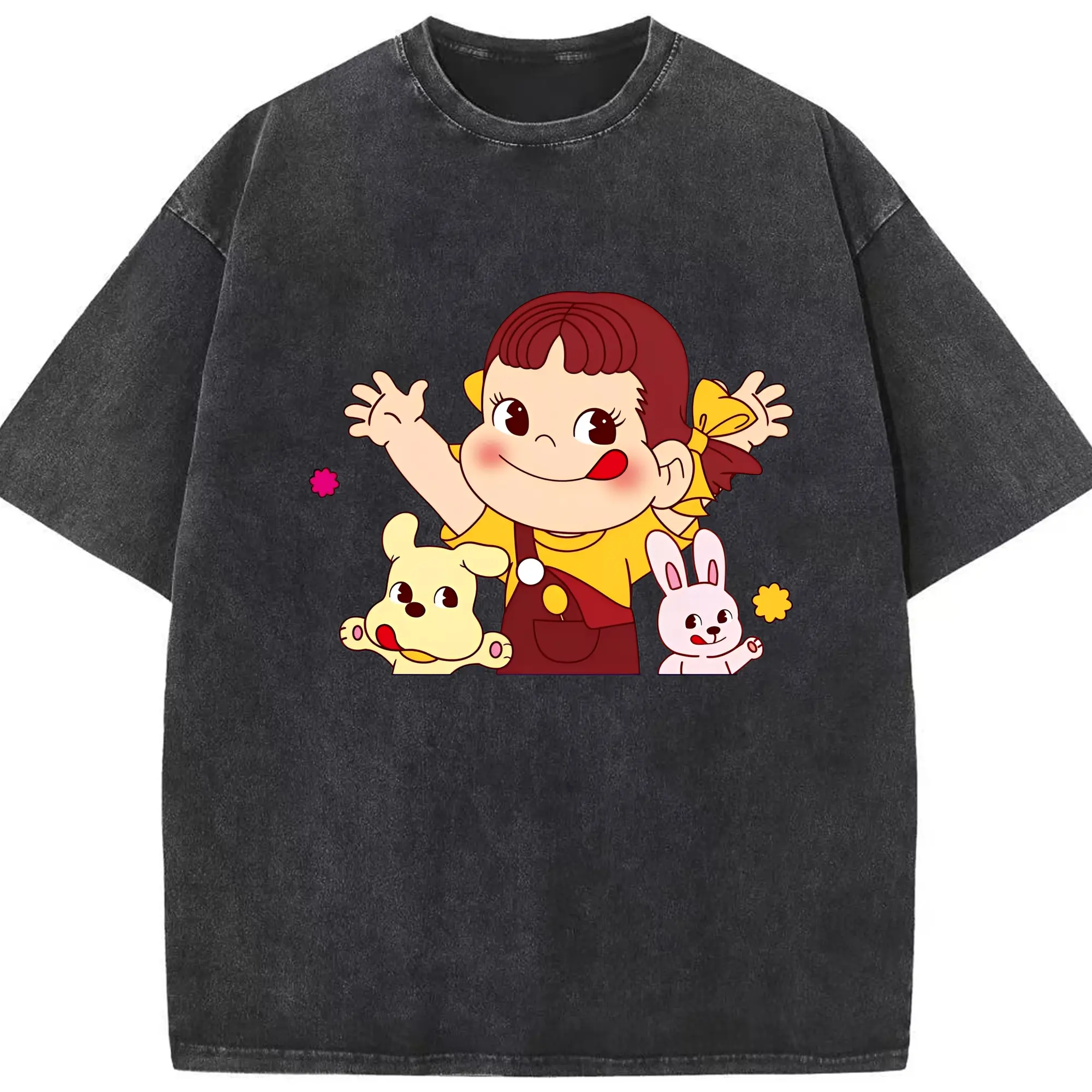 ペコちゃんの仲良しの犬のキャラクター - 綿100％ ヴィンテージ風 半袖Tシャツ ・ フロントプリント ・ 柔らか肌触り ・ 通気性 快適 ・ スポーツ カジュアル 外出用