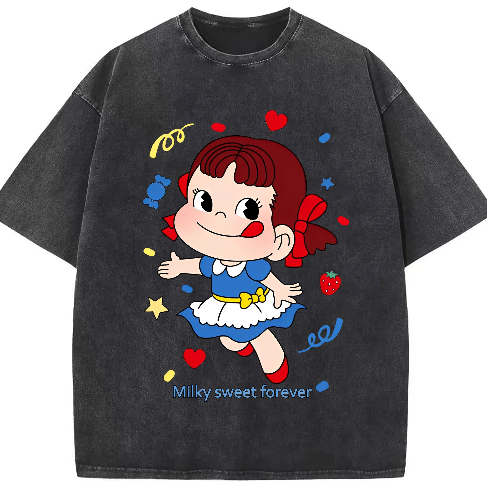 不二家 ペコちゃん スイーツ ミルク味 お菓子 - 綿100％ ヴィンテージ風 半袖Tシャツ ・ フロントプリント ・ 柔らか肌触り ・ 通気性 快適 ・ スポーツ カジュアル 外出用