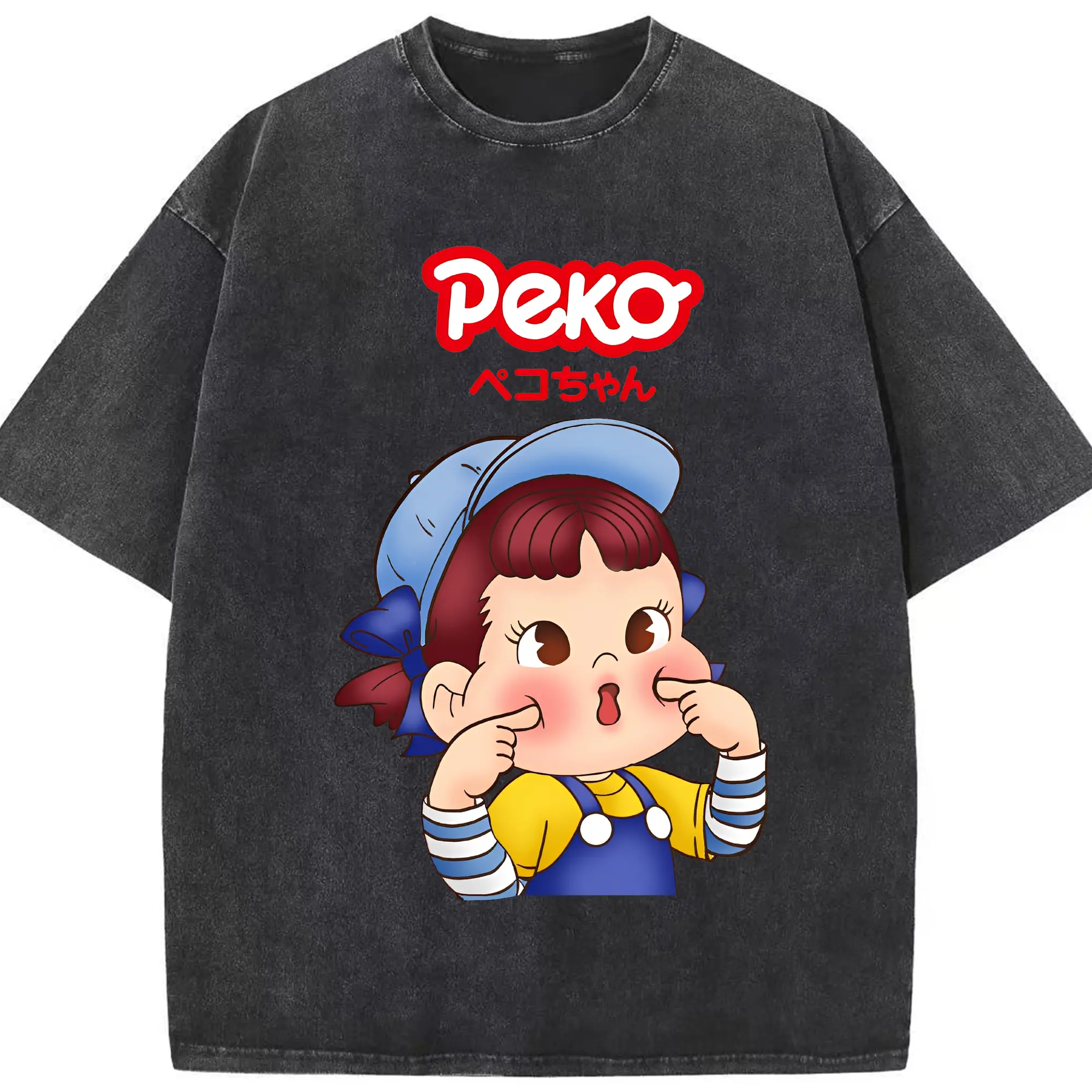 不二家ペコちゃん 変顔デザイン - 綿100％ ヴィンテージ風 半袖Tシャツ ・ フロントプリント ・ 柔らか肌触り ・ 通気性 快適 ・ スポーツ カジュアル 外出用