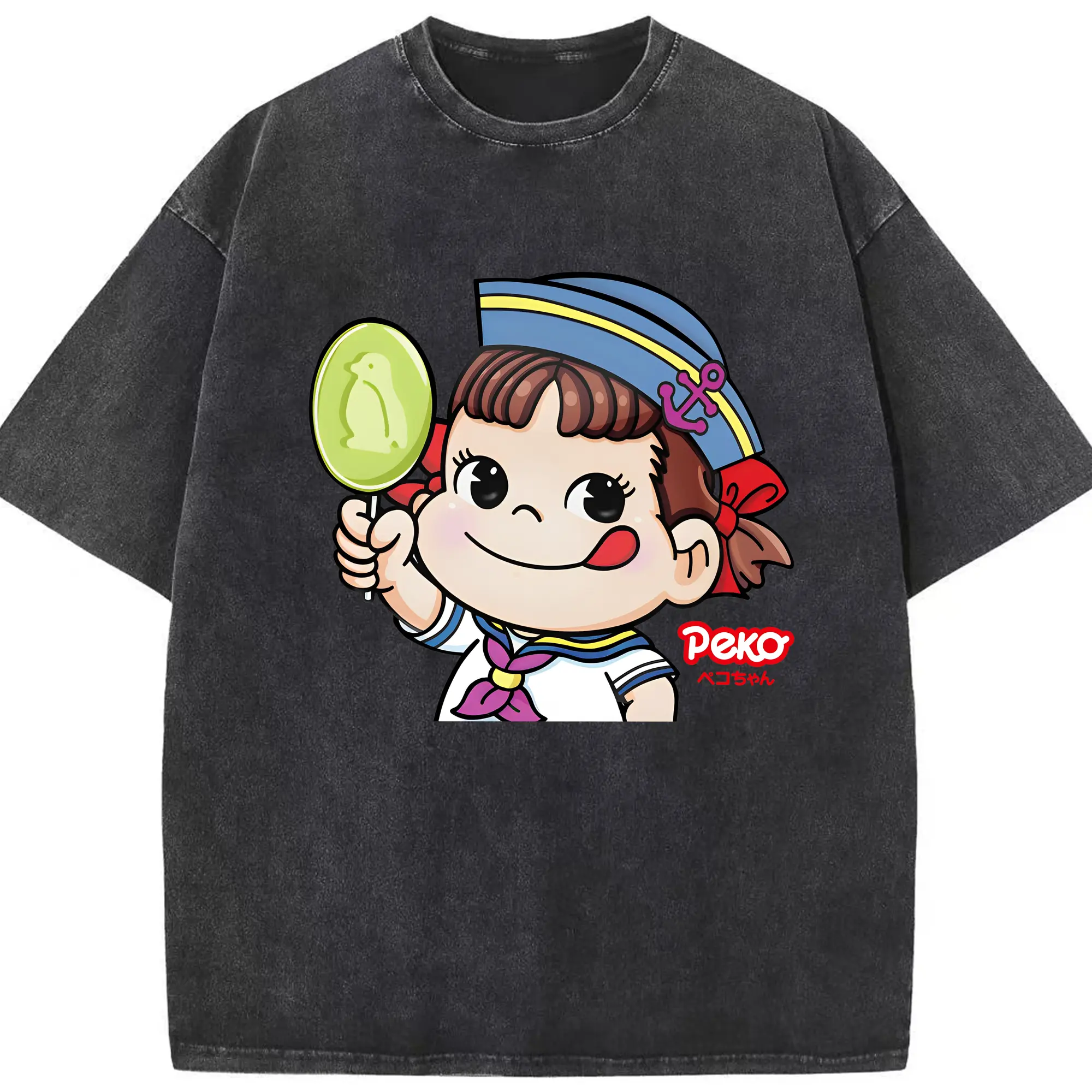 ペコちゃん「ハッピー」大人気爆発 - 綿100％ ヴィンテージ風 半袖Tシャツ ・ フロントプリント ・ 柔らか肌触り ・ 通気性 快適 ・ スポーツ カジュアル 外出用