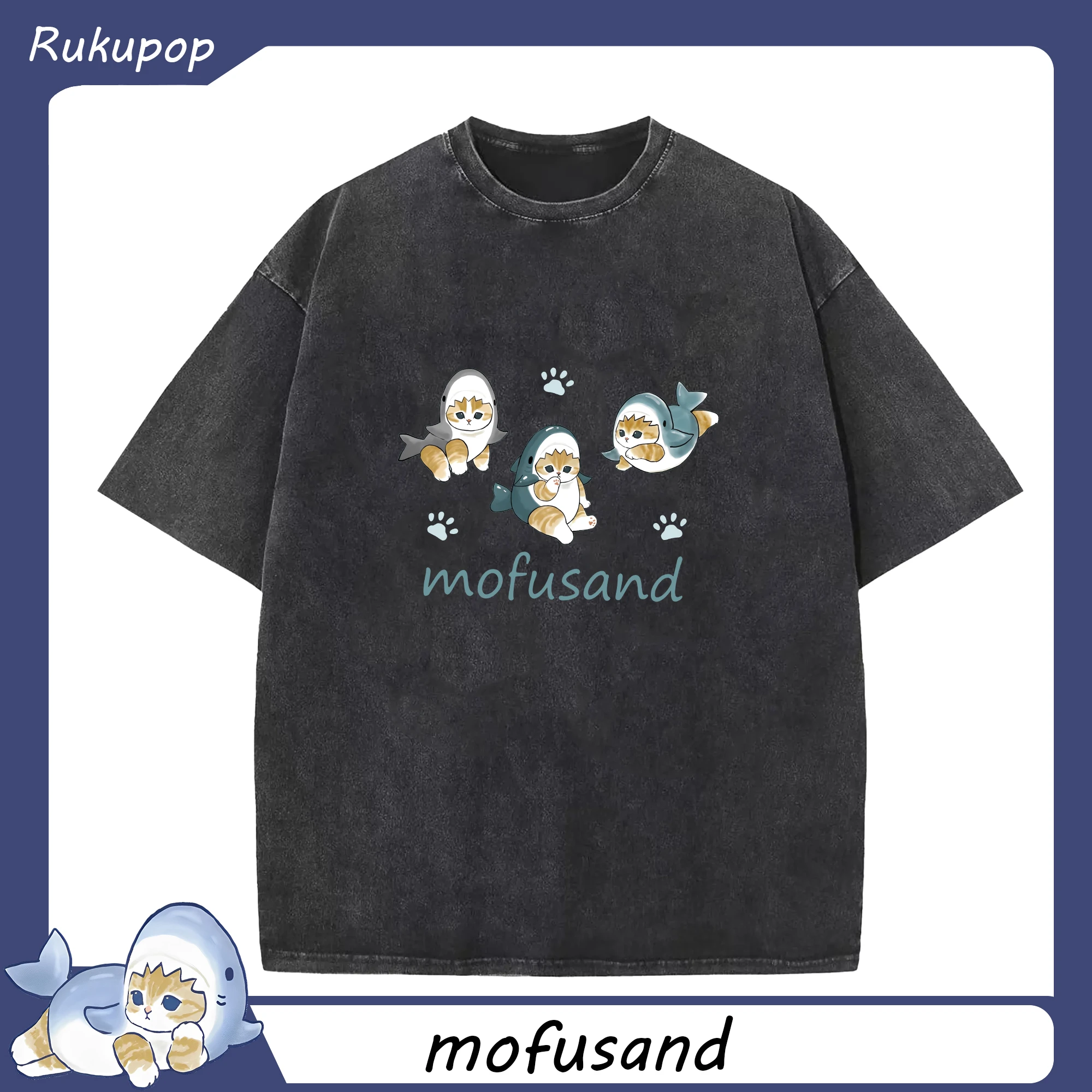 Mofusand人気のサメ図鑑 - 綿100％ ヴィンテージ風 半袖Tシャツ ・ フロントプリント ・ 柔らか肌触り ・ 通気性 快適 ・ スポーツ カジュアル 外出用