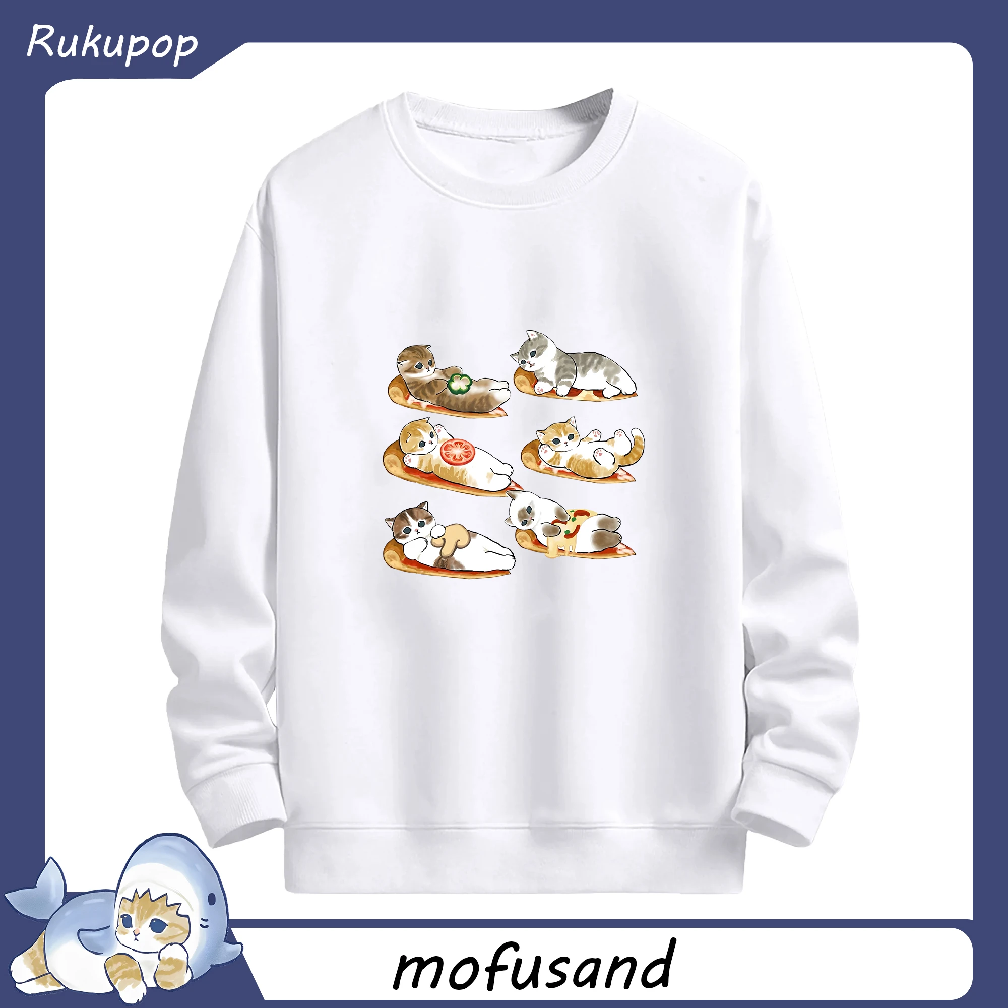 新作mofusand ネコモチーフピザTシャツ 可愛い＆ユニーク - 高品質 クルーネック スウェット ・ コットン59％ ポリエステル41％ ・ ユニセックス 長袖 トレーナー ・ カジュアル デイリー スポーツ 散歩用