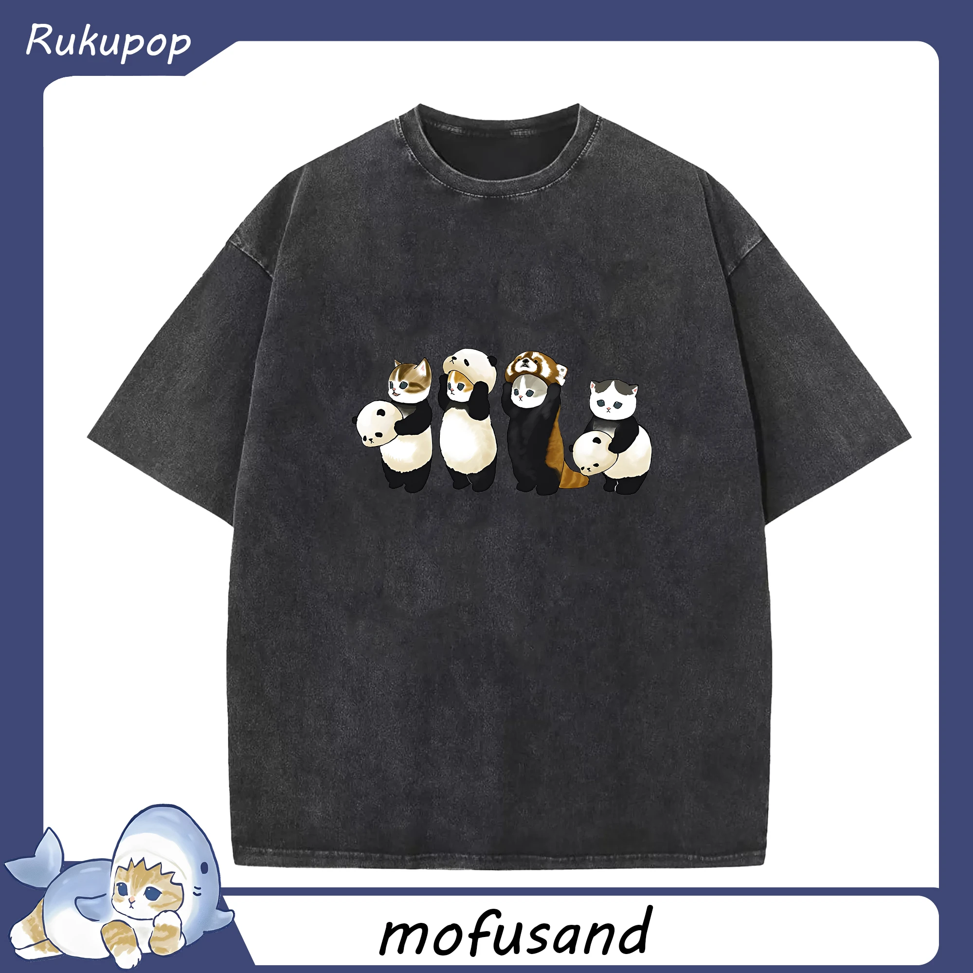 Mofusand コスプレ 人気パンダ - 綿100％ ヴィンテージ風 半袖Tシャツ ・ フロントプリント ・ 柔らか肌触り ・ 通気性 快適 ・ スポーツ カジュアル 外出用