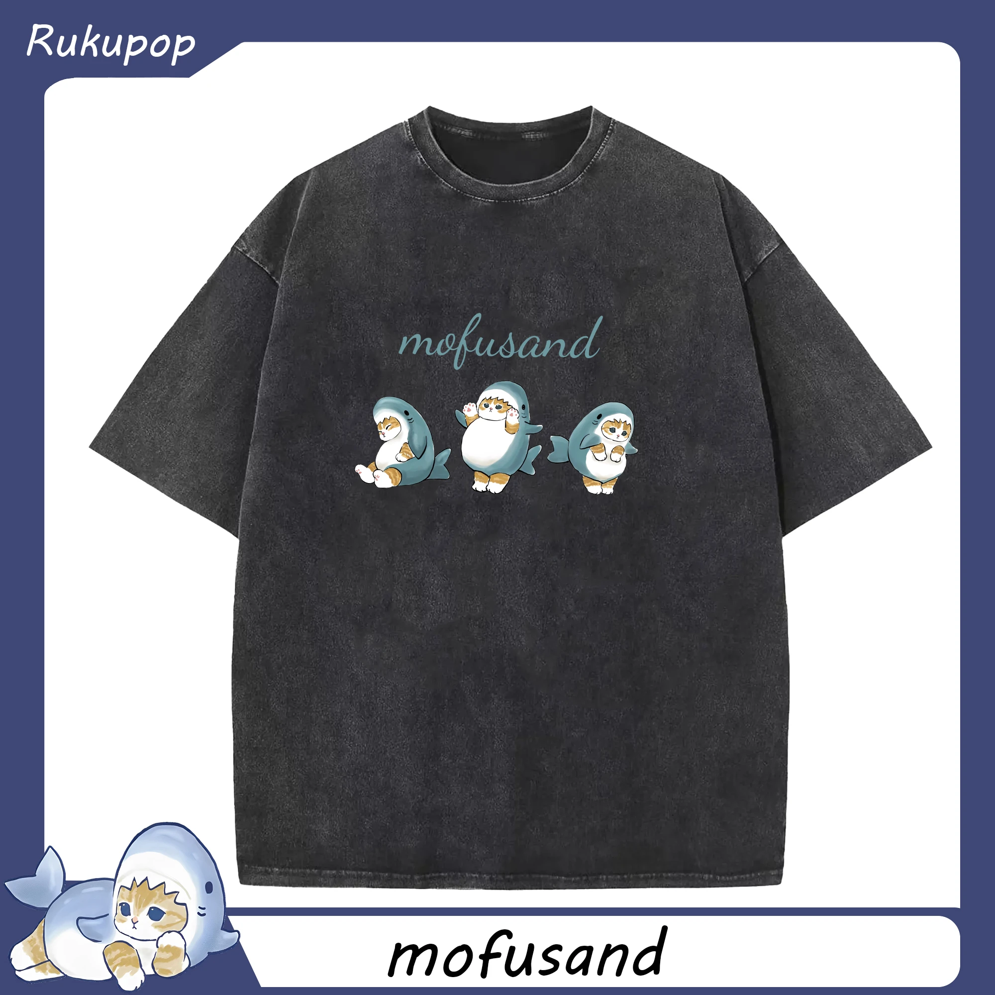 2025大人気mofusandサメ図鑑 - 綿100％ ヴィンテージ風 半袖Tシャツ ・ フロントプリント ・ 柔らか肌触り ・ 通気性 快適 ・ スポーツ カジュアル 外出用