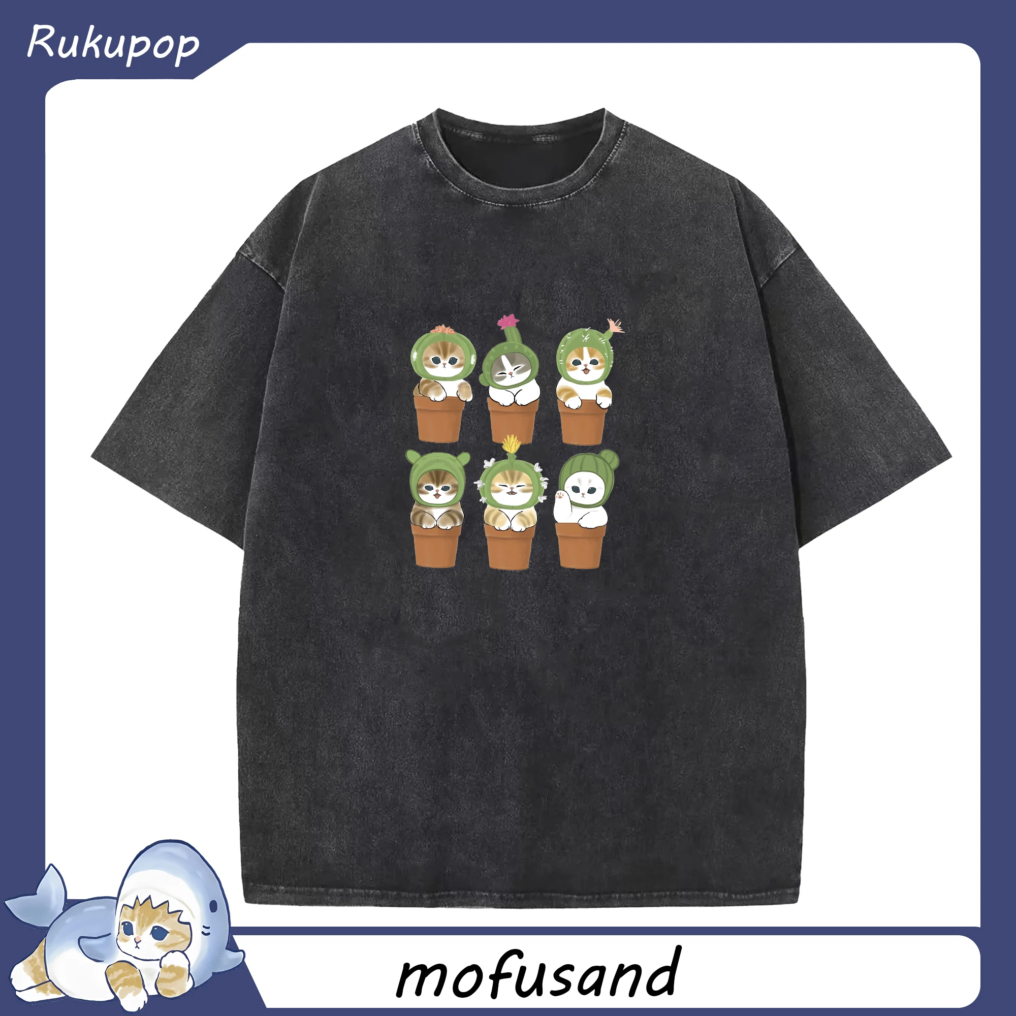 ふわふわで可愛い「mofusand」のサボテンが登場！ - 綿100％ ヴィンテージ風 半袖Tシャツ ・ フロントプリント ・ 柔らか肌触り ・ 通気性 快適 ・ スポーツ カジュアル 外出用