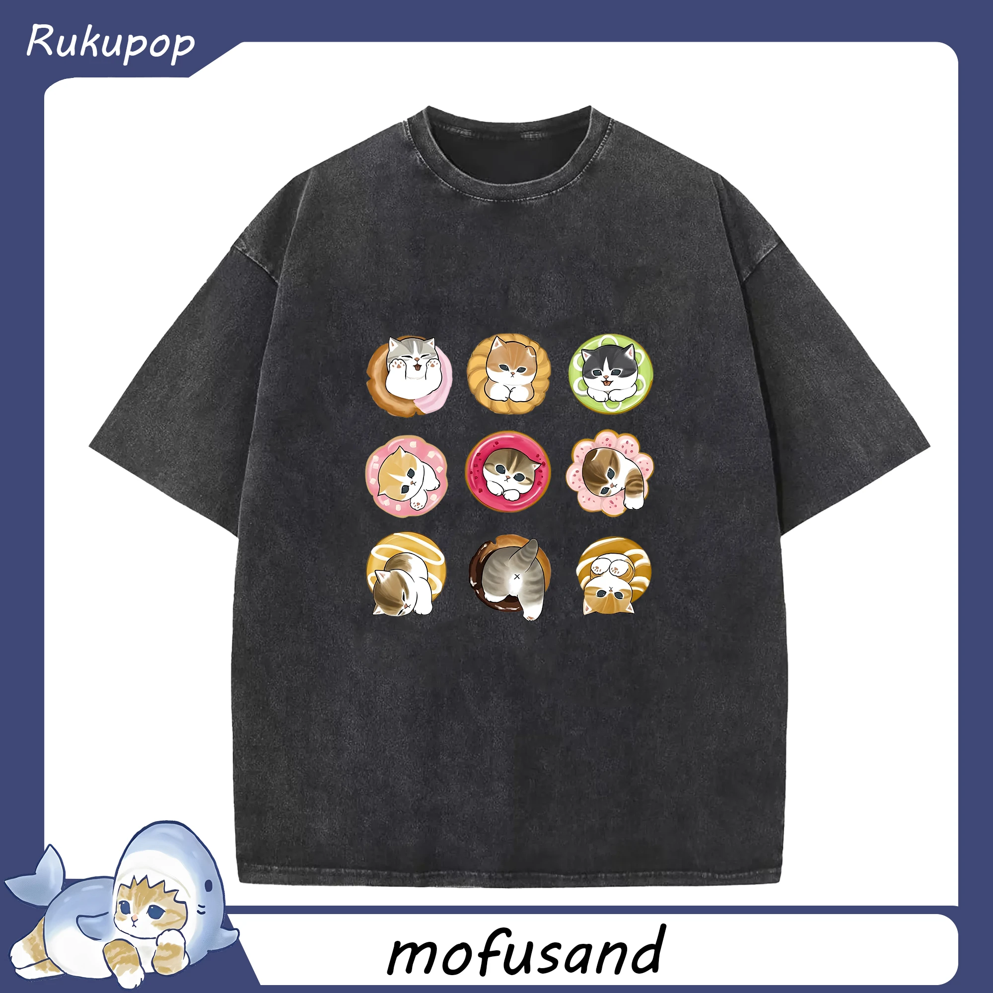 Mofusand ネコ×ドーナツ キャラクター 可愛いデザイン - 綿100％ ヴィンテージ風 半袖Tシャツ ・ フロントプリント ・ 柔らか肌触り ・ 通気性 快適 ・ スポーツ カジュアル 外出用