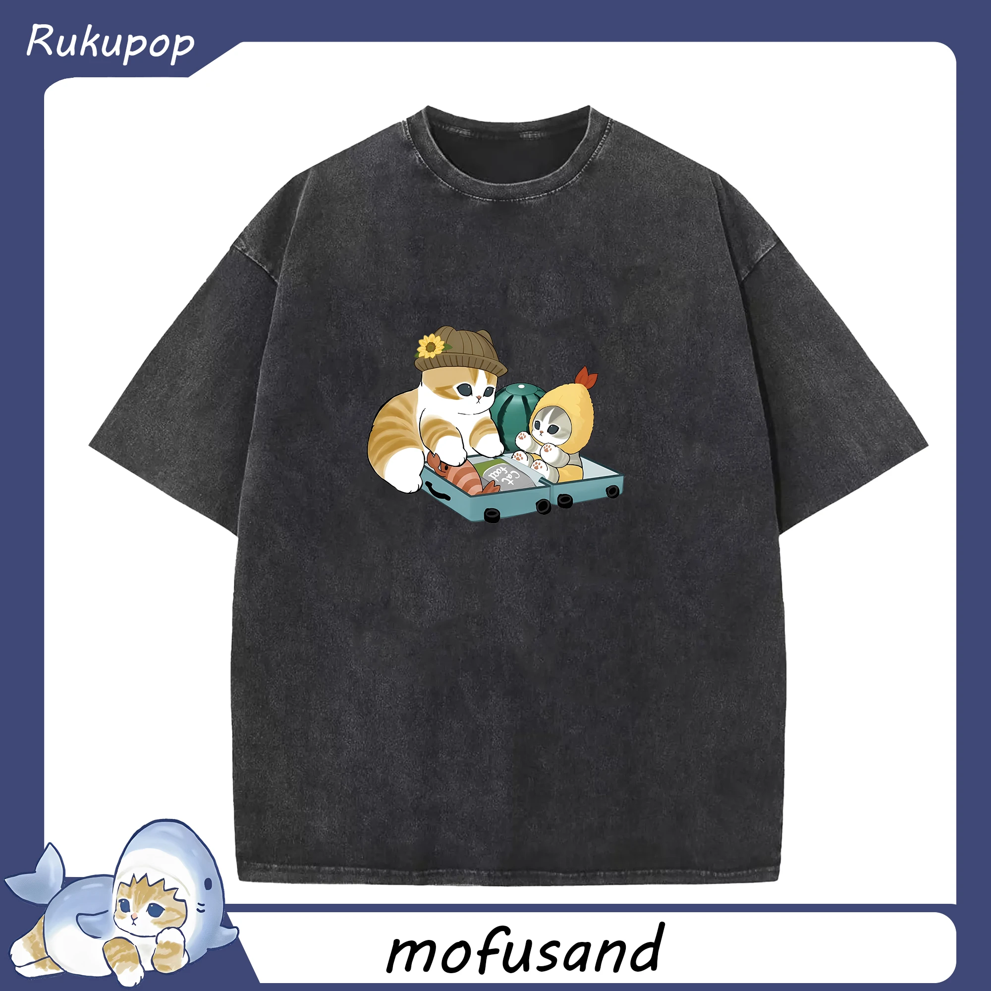 えびふらいに恋するにゃん - 綿100％ ヴィンテージ風 半袖Tシャツ ・ フロントプリント ・ 柔らか肌触り ・ 通気性 快適 ・ スポーツ カジュアル 外出用