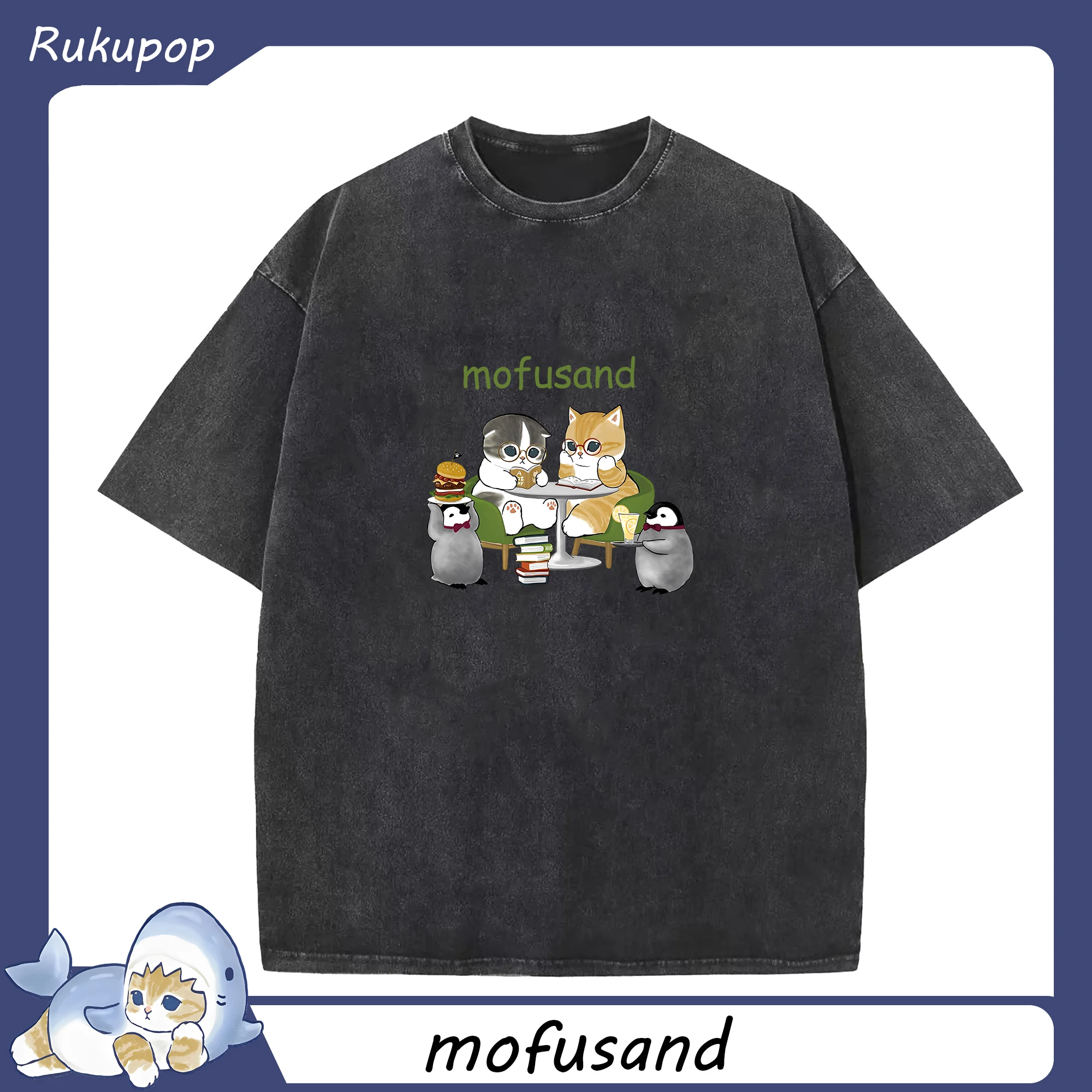 Mofusandにゃんこバーガー - 綿100％ ヴィンテージ風 半袖Tシャツ ・ フロントプリント ・ 柔らか肌触り ・ 通気性 快適 ・ スポーツ カジュアル 外出用