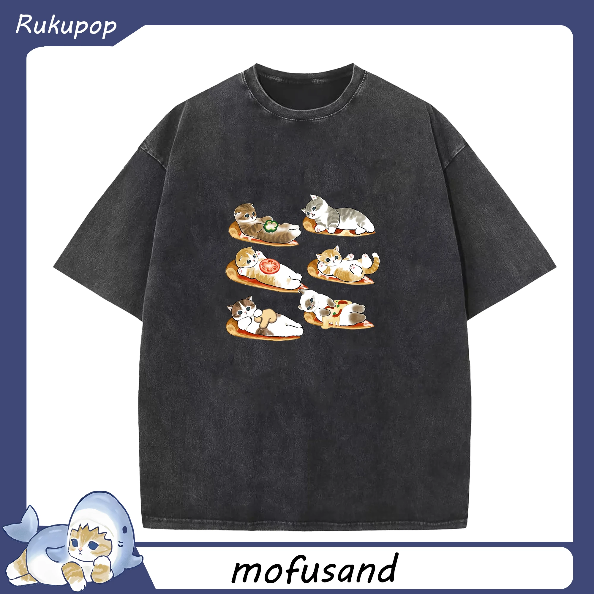 新作mofusand ネコモチーフピザTシャツ 可愛い＆ユニーク - 綿100％ ヴィンテージ風 半袖Tシャツ ・ フロントプリント ・ 柔らか肌触り ・ 通気性 快適 ・ スポーツ カジュアル 外出用