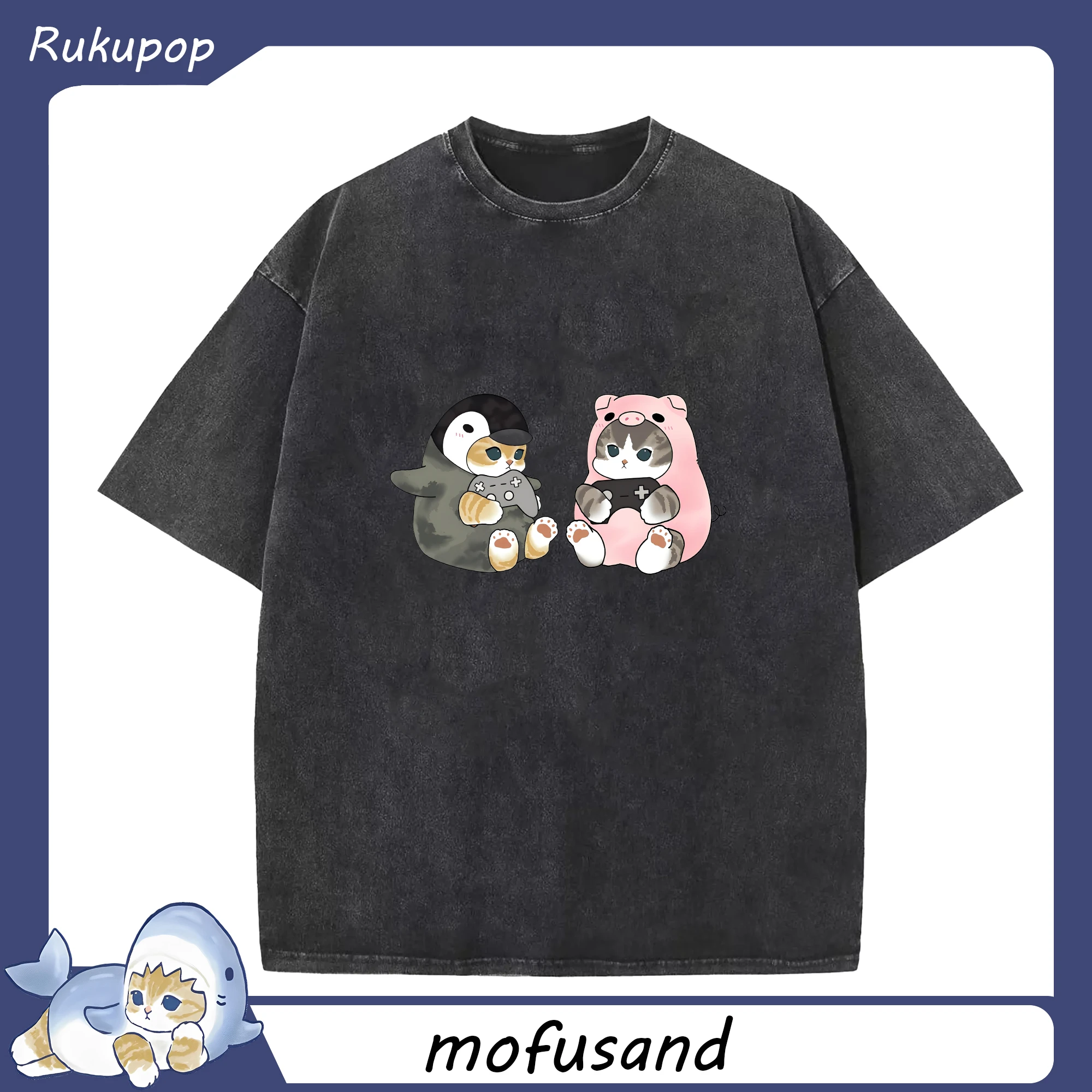 Mofusand ペンギンブタ着ぐるみ 可愛いデザイン - 綿100％ ヴィンテージ風 半袖Tシャツ ・ フロントプリント ・ 柔らか肌触り ・ 通気性 快適 ・ スポーツ カジュアル 外出用