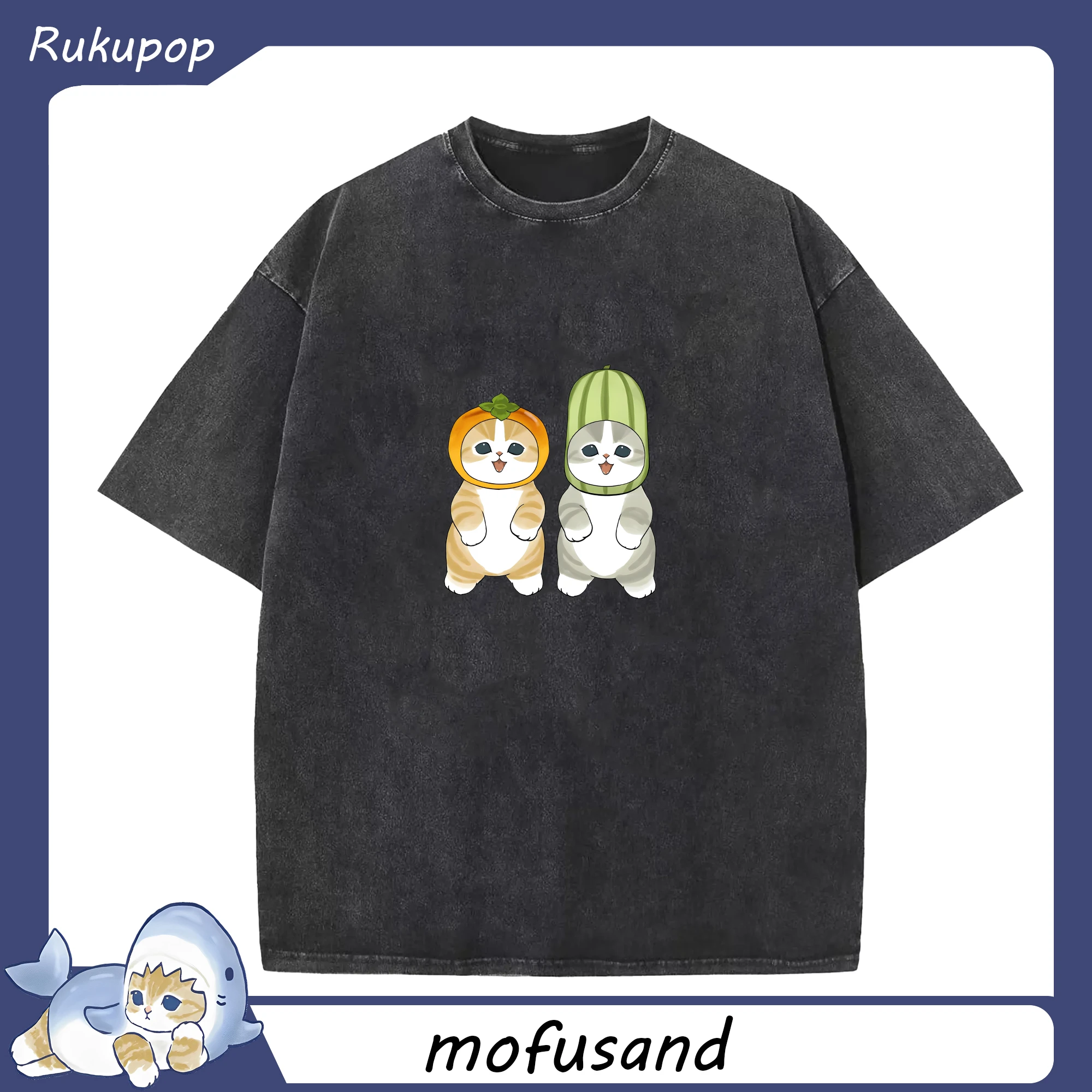 Mofusand柿とスイカ猫のユニーク - 綿100％ ヴィンテージ風 半袖Tシャツ ・ フロントプリント ・ 柔らか肌触り ・ 通気性 快適 ・ スポーツ カジュアル 外出用