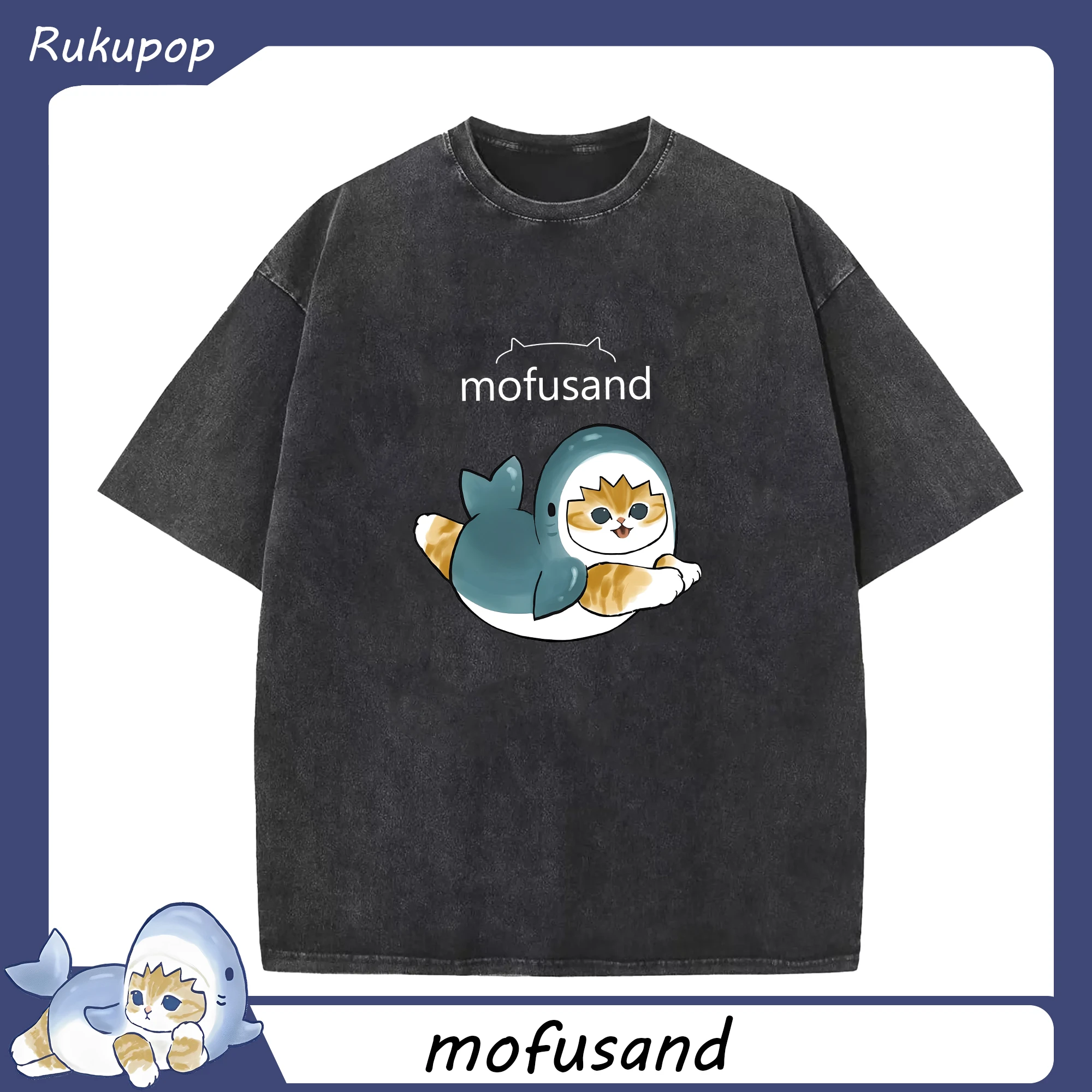 Mofusandサメにゃん限定 - 綿100％ ヴィンテージ風 半袖Tシャツ ・ フロントプリント ・ 柔らか肌触り ・ 通気性 快適 ・ スポーツ カジュアル 外出用