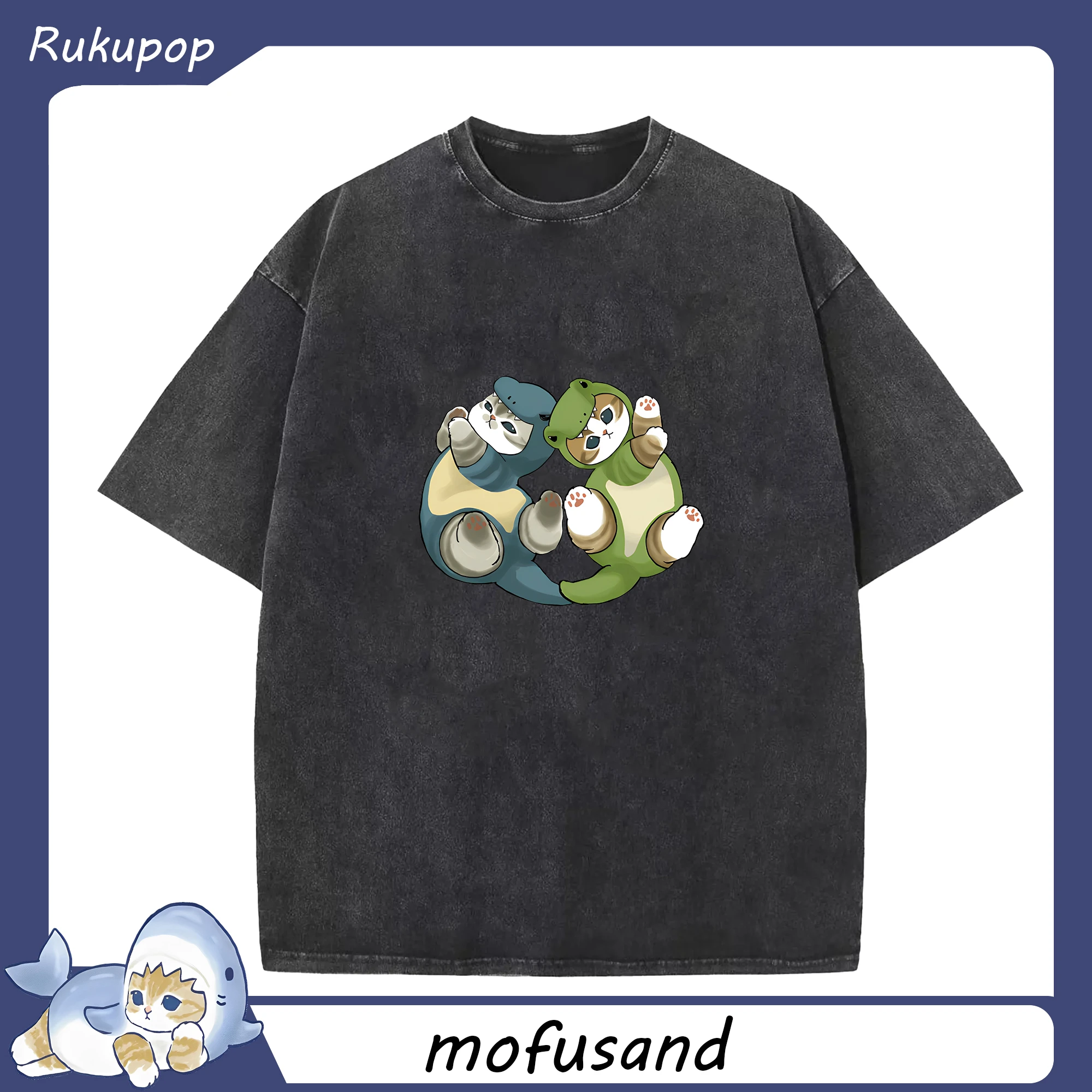 Mofusand 怪獣ネコモチーフ おもしろ＆キュート - 綿100％ ヴィンテージ風 半袖Tシャツ ・ フロントプリント ・ 柔らか肌触り ・ 通気性 快適 ・ スポーツ カジュアル 外出用