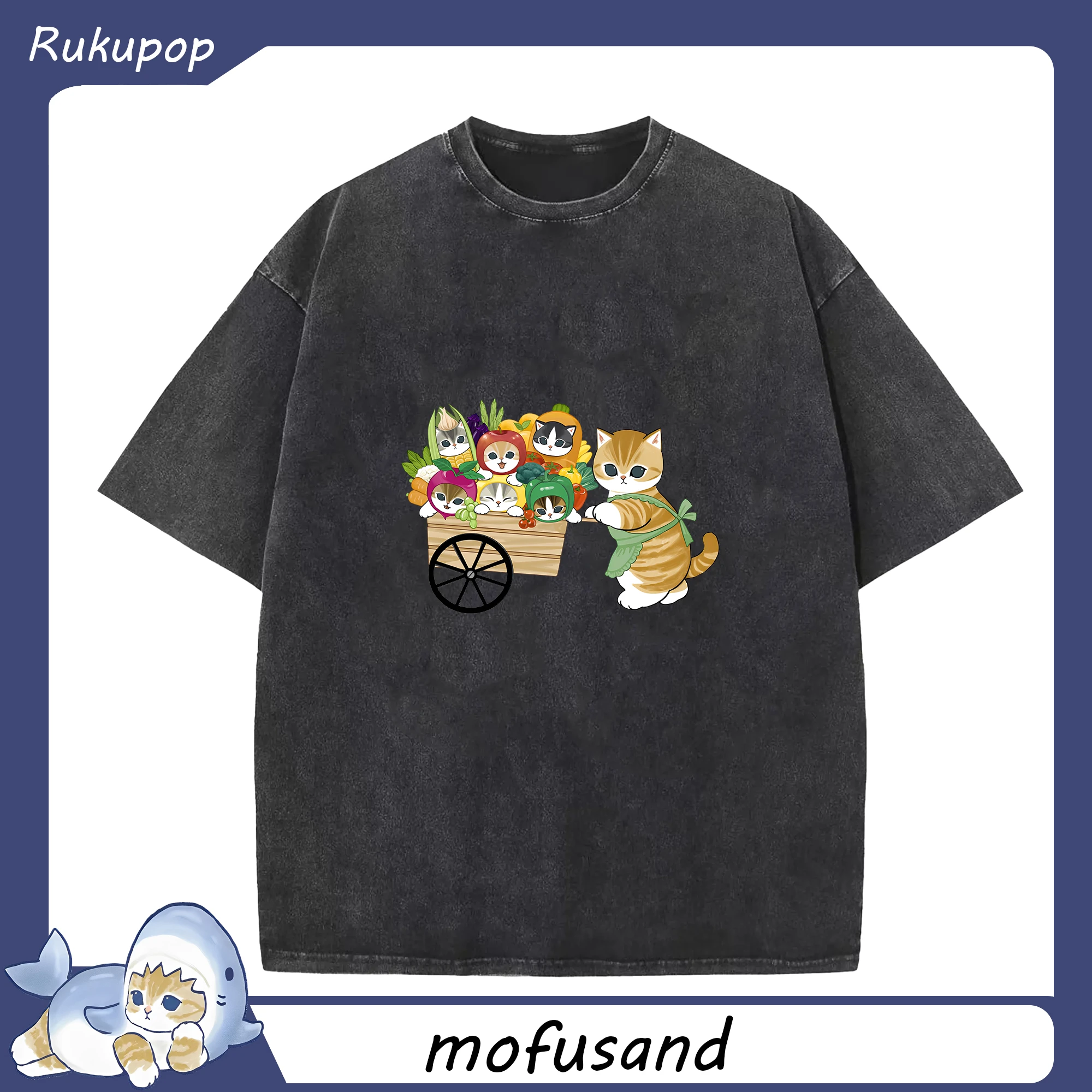 Mofusand 野菜ネコおもしろ＆ユニークデザイン - 綿100％ ヴィンテージ風 半袖Tシャツ ・ フロントプリント ・ 柔らか肌触り ・ 通気性 快適 ・ スポーツ カジュアル 外出用