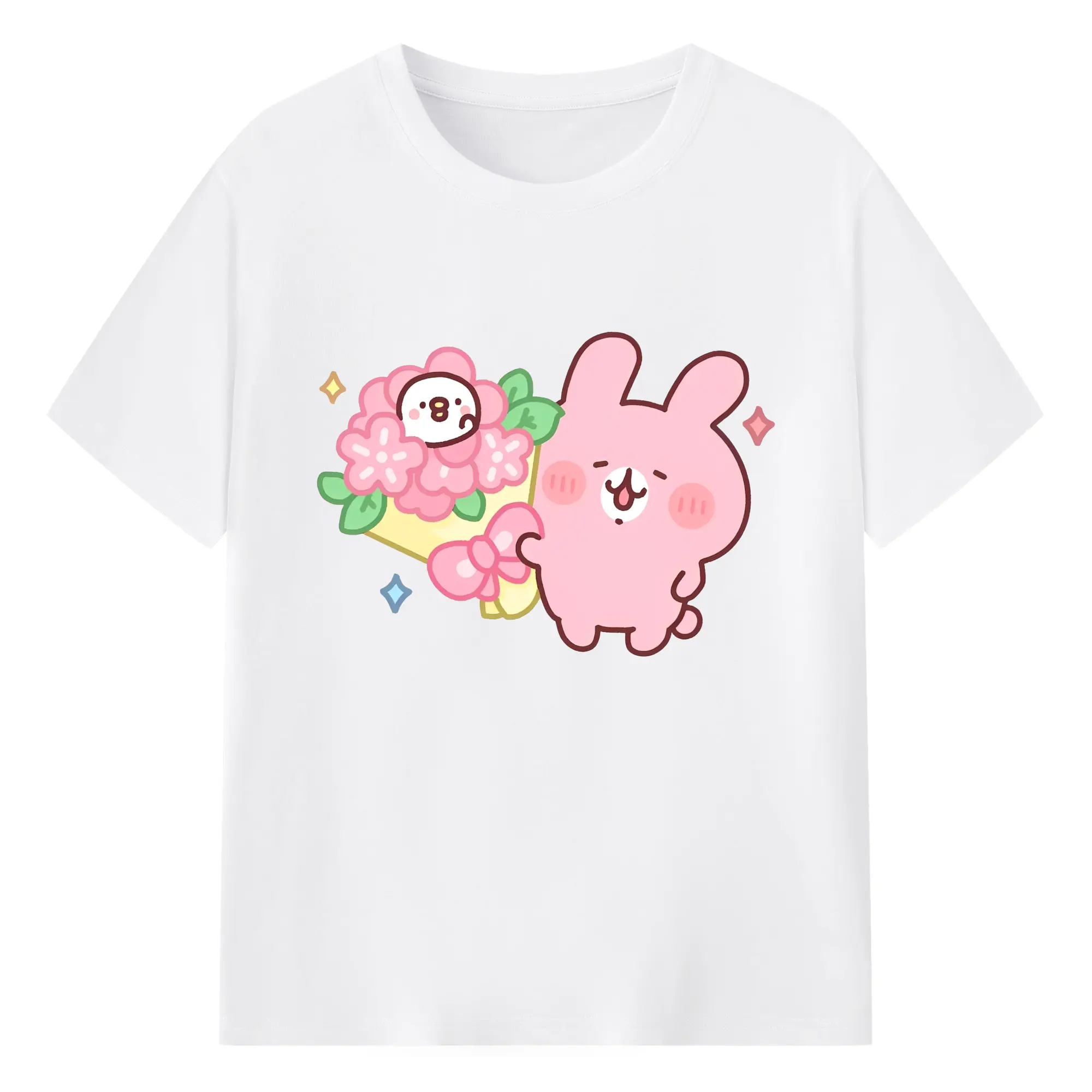 カナヘイの小動物 うさぎ ハッピーライフ - 綿100％ 半袖Tシャツ ・ フロントプリント ・ 快適 通気性 ・ 日常使い 散歩 スポーツ用