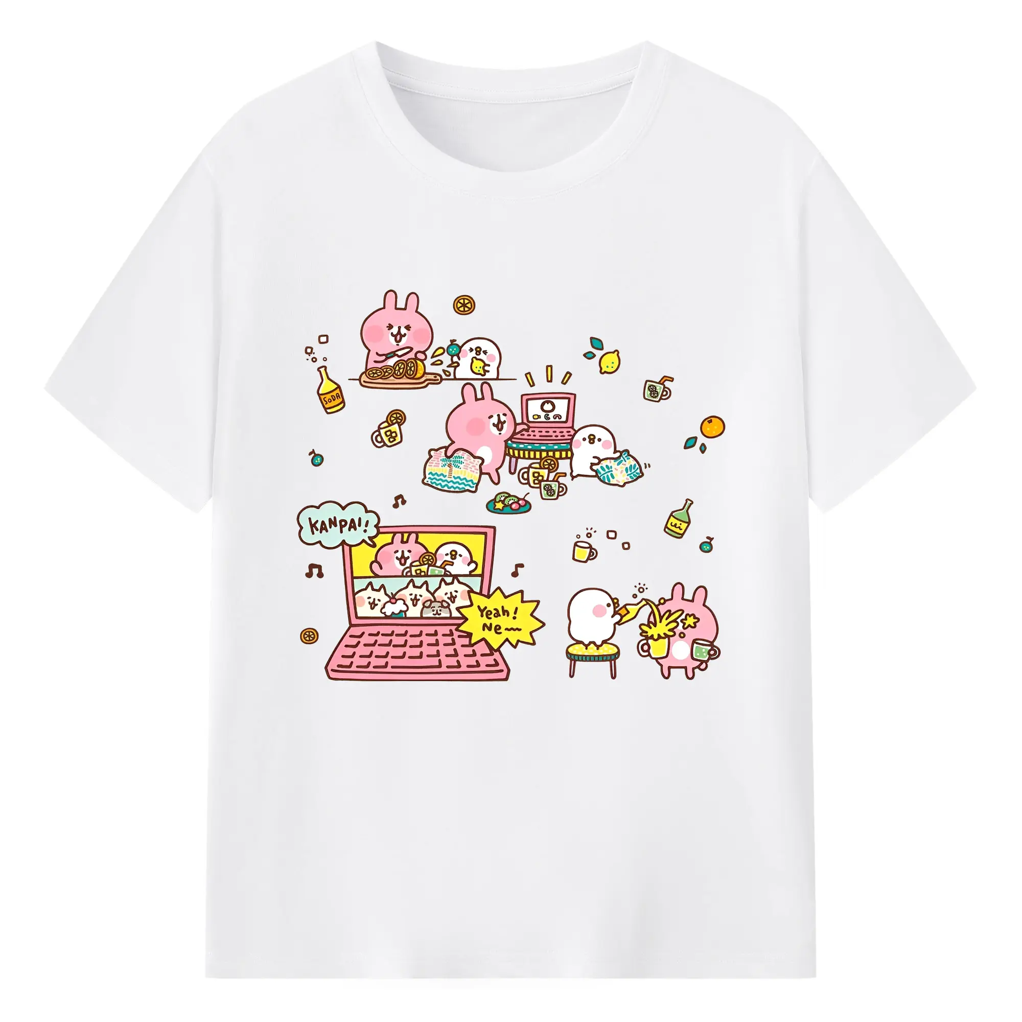 ピスケ&うさぎのおうちパーリー🏠🥳 ねーねーねこ達とはオンラインで乾杯です🍻 - 綿100％ 半袖Tシャツ ・ フロントプリント ・ 快適 通気性 ・ 日常使い 散歩 スポーツ用