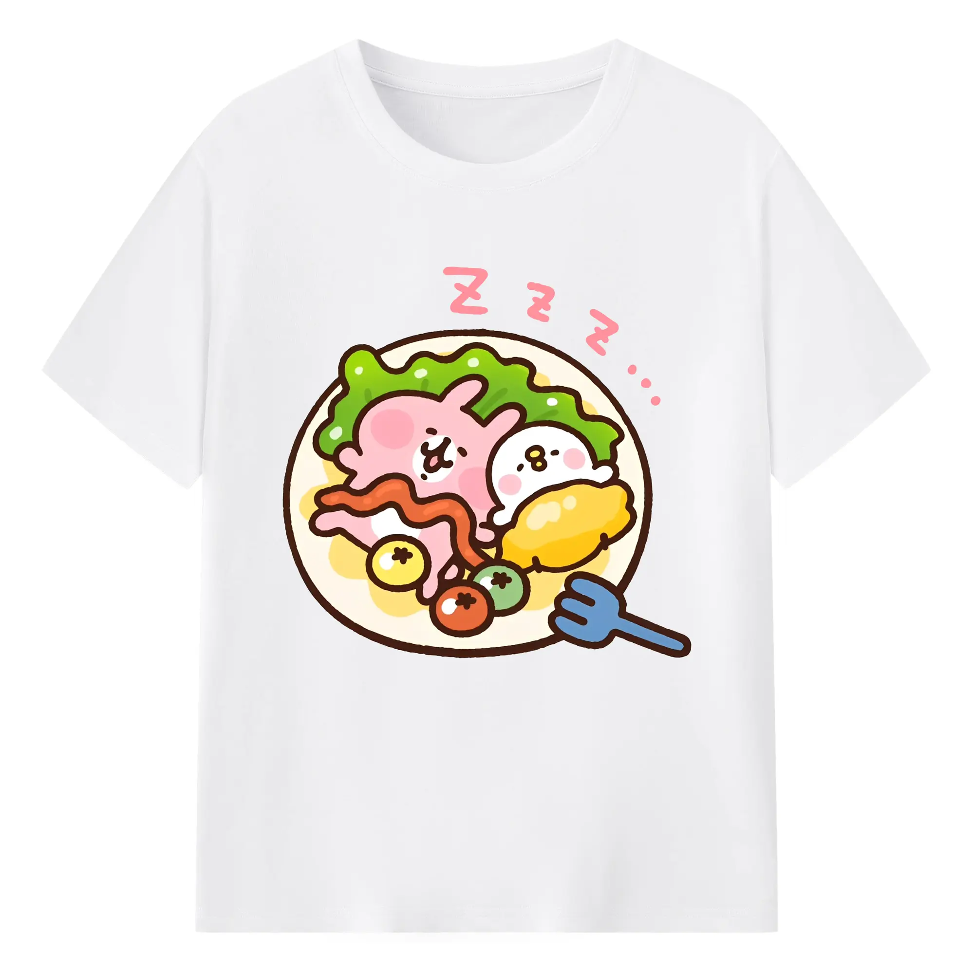 カナヘイの小動物ピスケ＆うさぎ美味しいフードデザイン - 綿100％ 半袖Tシャツ ・ フロントプリント ・ 快適 通気性 ・ 日常使い 散歩 スポーツ用