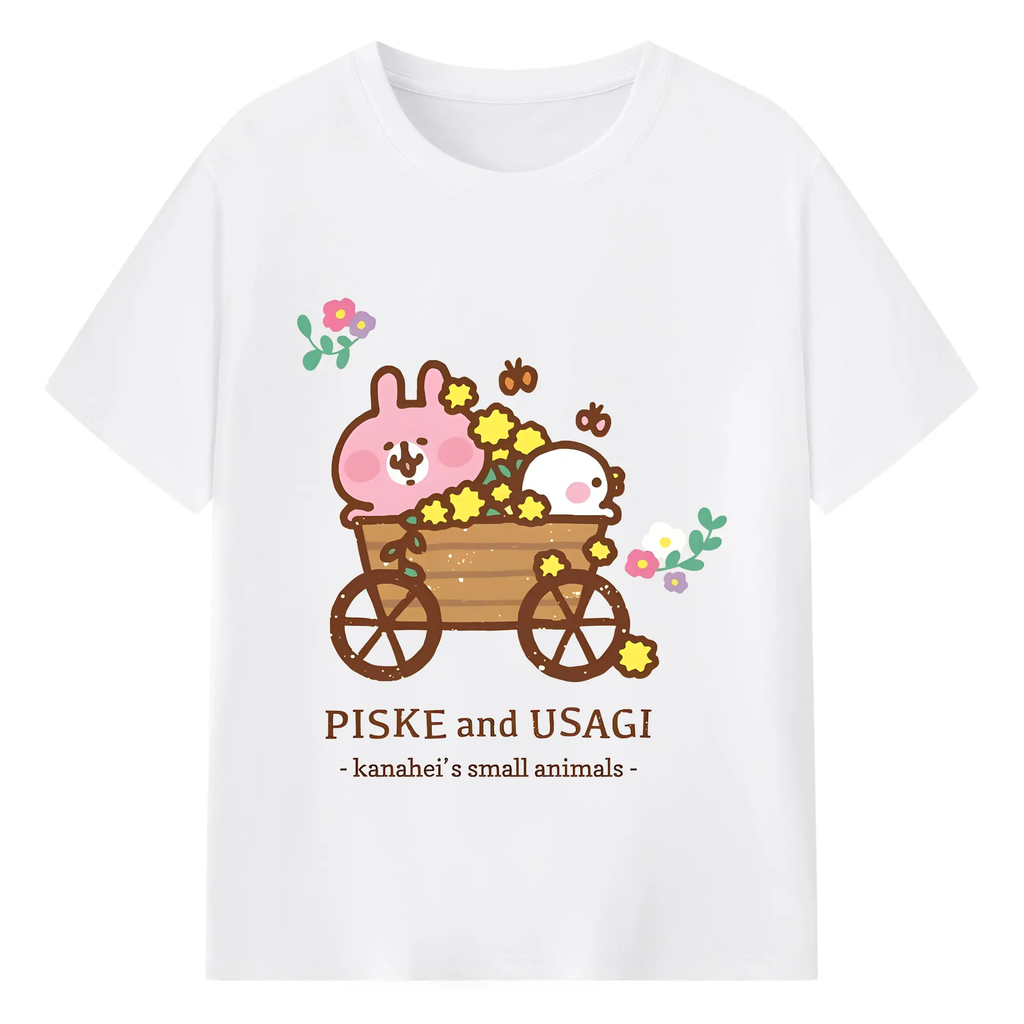 カナヘイの小動物キュートな花車スタイル - 綿100％ 半袖Tシャツ ・ フロントプリント ・ 快適 通気性 ・ 日常使い 散歩 スポーツ用