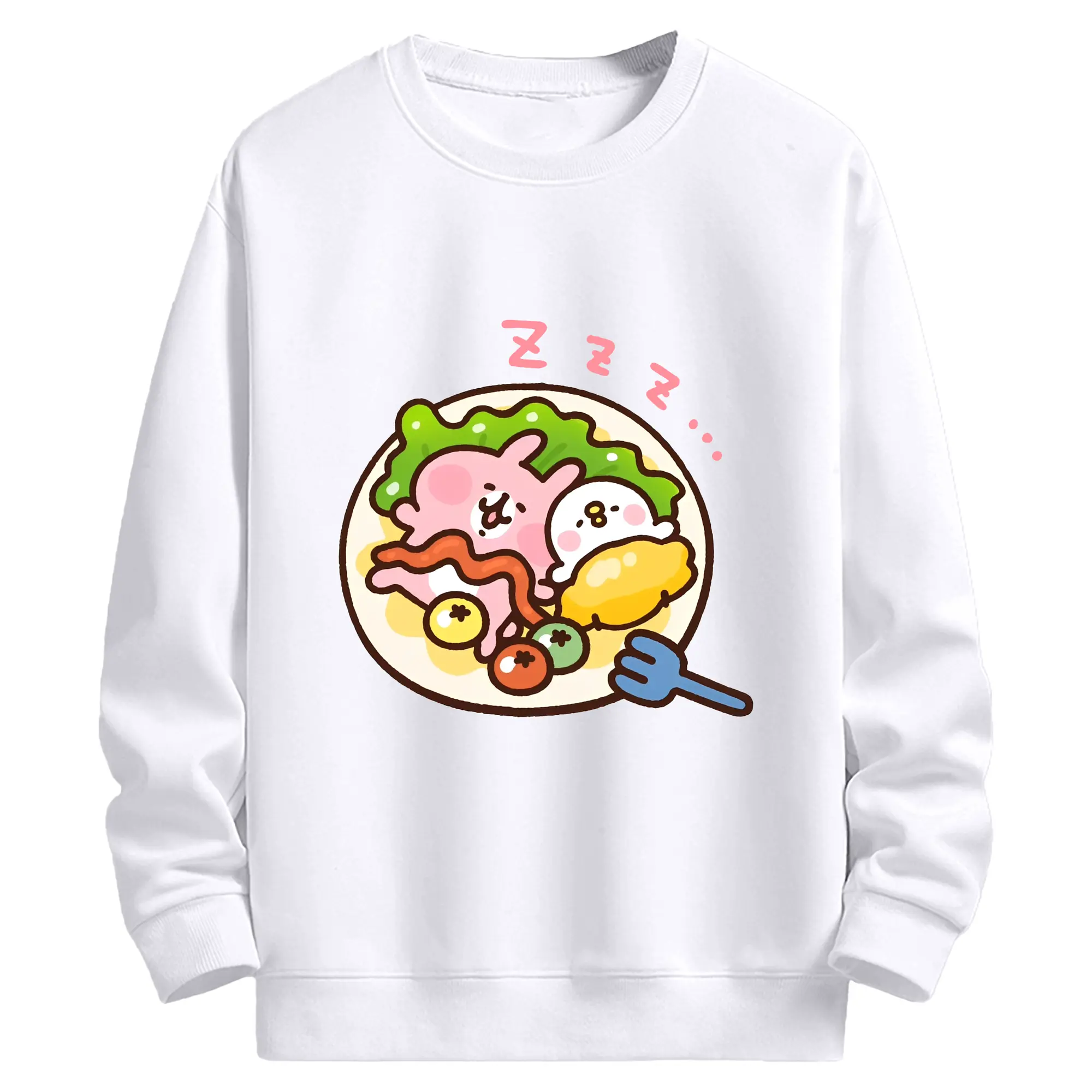 カナヘイの小動物ピスケ＆うさぎ美味しいフードデザイン - 高品質 クルーネック スウェット ・ コットン59％ ポリエステル41％ ・ ユニセックス 長袖 トレーナー ・ カジュアル デイリー スポーツ 散歩用