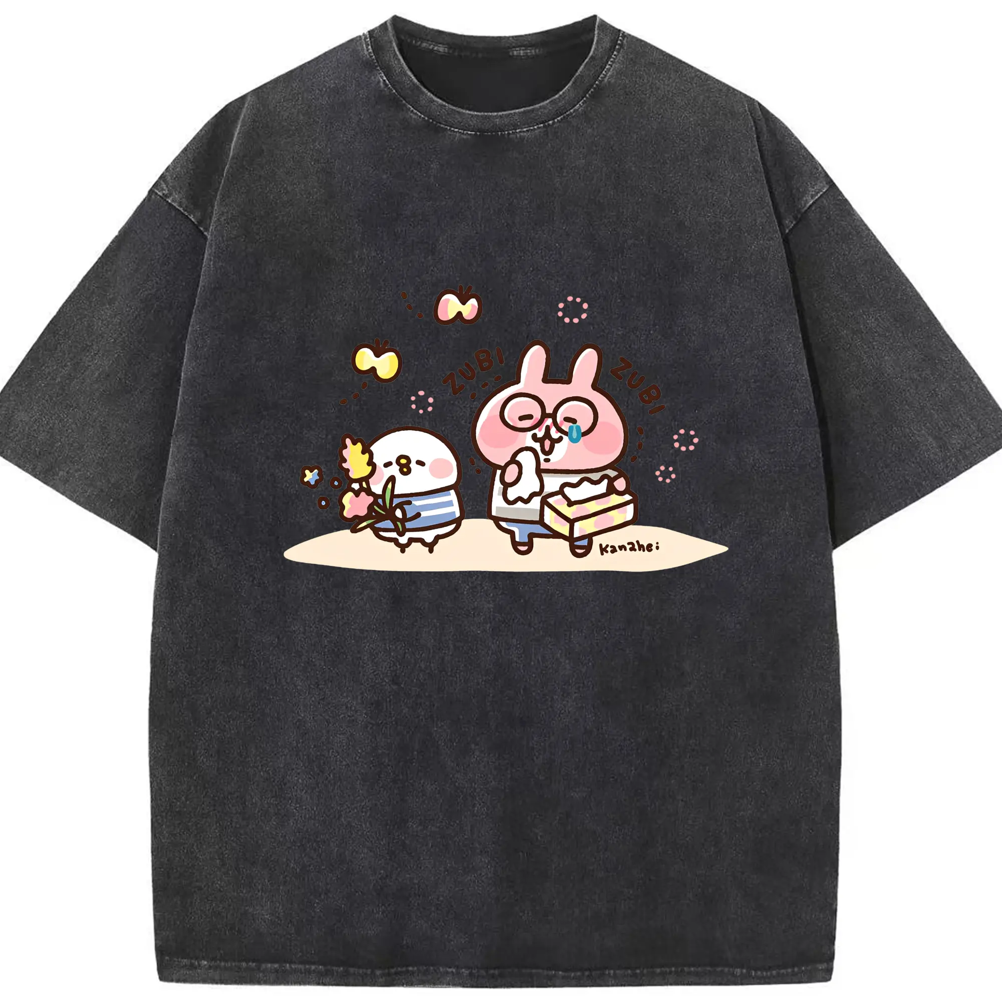 カナヘイの小動物うさぎ花粉症なんだね - 綿100％ ヴィンテージ風 半袖Tシャツ ・ フロントプリント ・ 柔らか肌触り ・ 通気性 快適 ・ スポーツ カジュアル 外出用