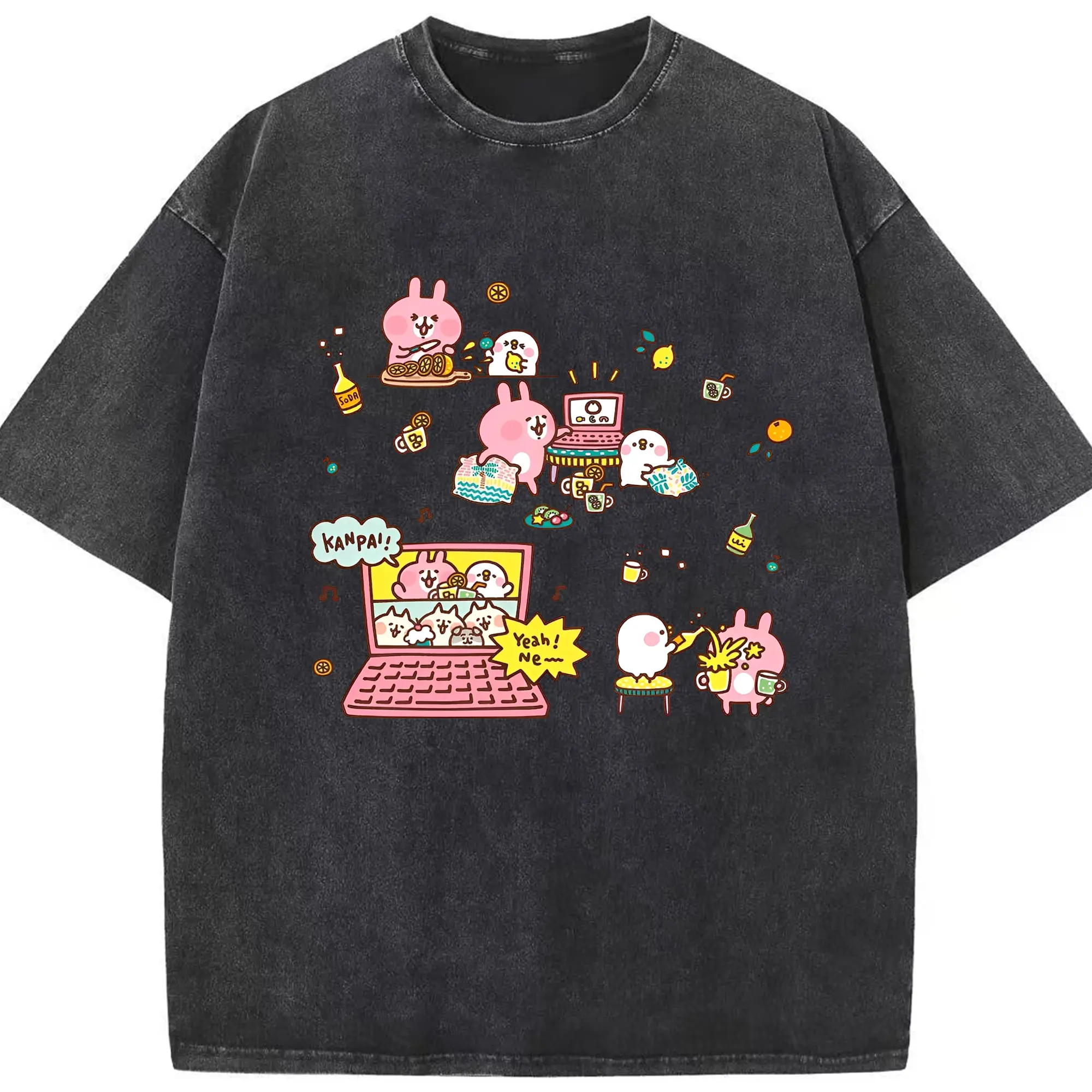 ピスケ&うさぎのおうちパーリー🏠🥳 ねーねーねこ達とはオンラインで乾杯です🍻 - 綿100％ ヴィンテージ風 半袖Tシャツ ・ フロントプリント ・ 柔らか肌触り ・ 通気性 快適 ・ スポーツ カジュアル 外出用