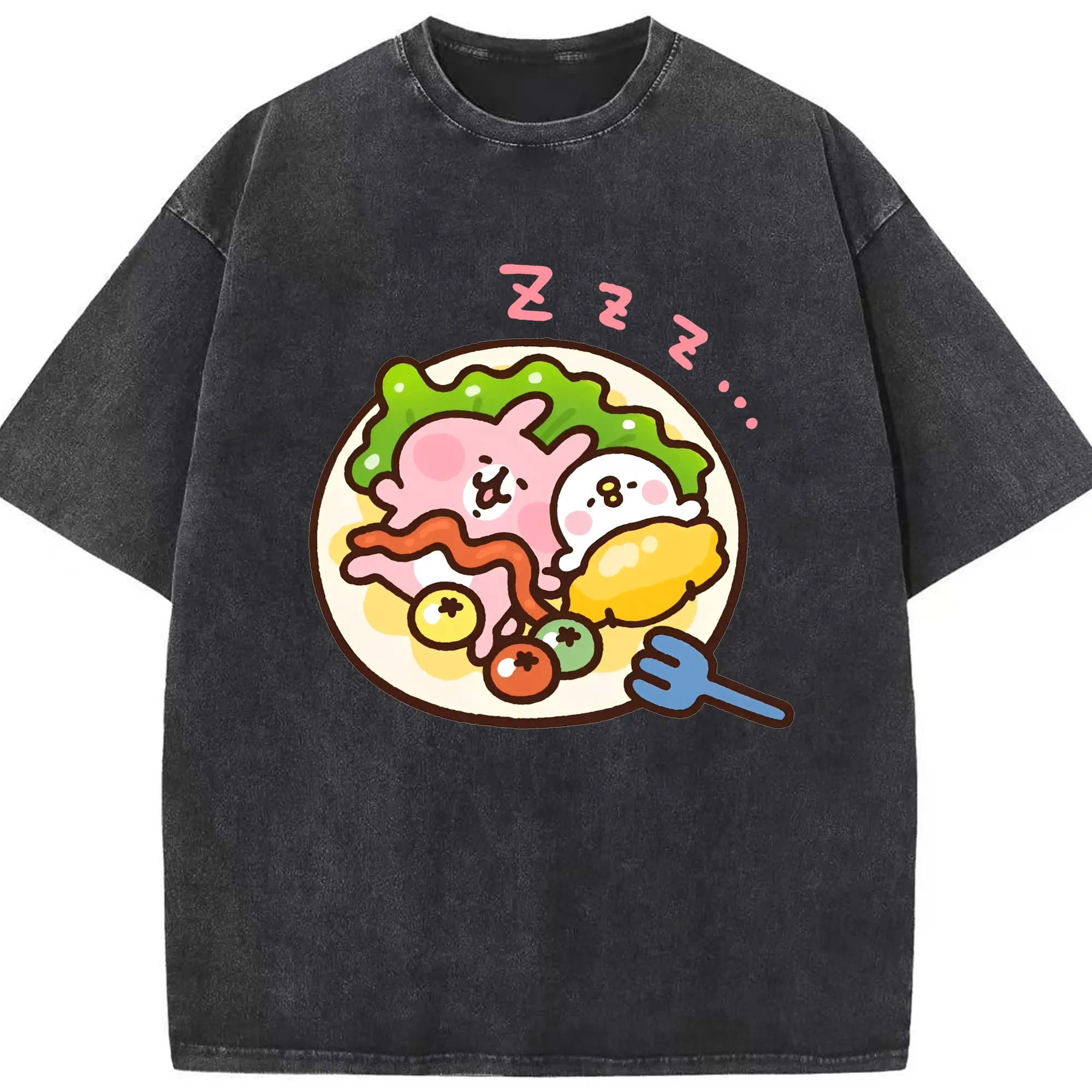 カナヘイの小動物ピスケ＆うさぎ美味しいフードデザイン - 綿100％ ヴィンテージ風 半袖Tシャツ ・ フロントプリント ・ 柔らか肌触り ・ 通気性 快適 ・ スポーツ カジュアル 外出用
