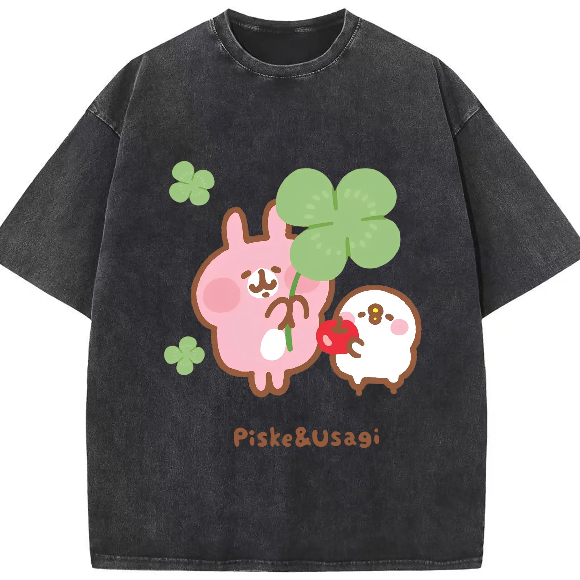 カナヘイの小動物ピスケ＆うさぎ 幸運祈願限定 - 綿100％ ヴィンテージ風 半袖Tシャツ ・ フロントプリント ・ 柔らか肌触り ・ 通気性 快適 ・ スポーツ カジュアル 外出用